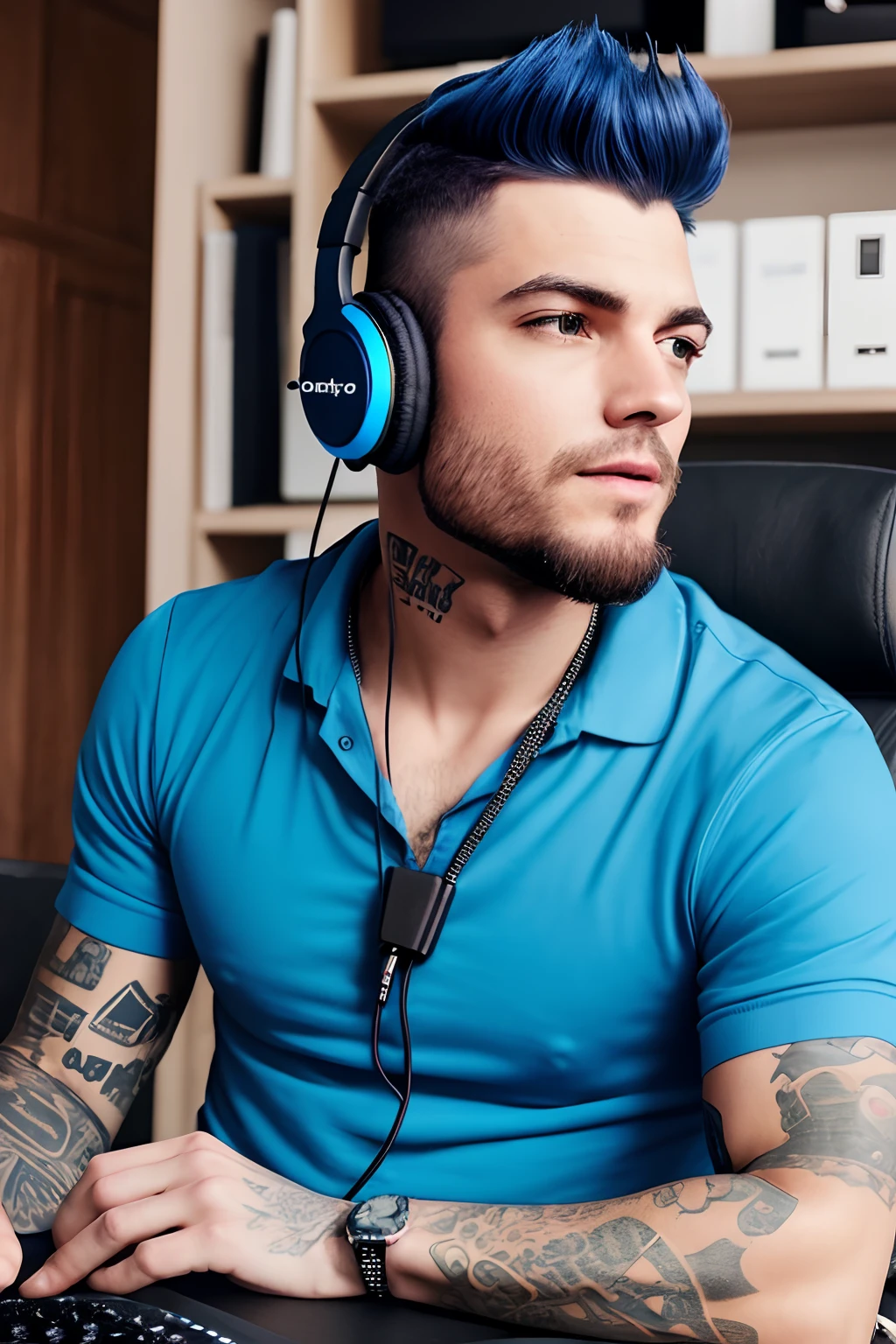 a photo of a man, punk style, with headphones, podcast host, blue shirt,