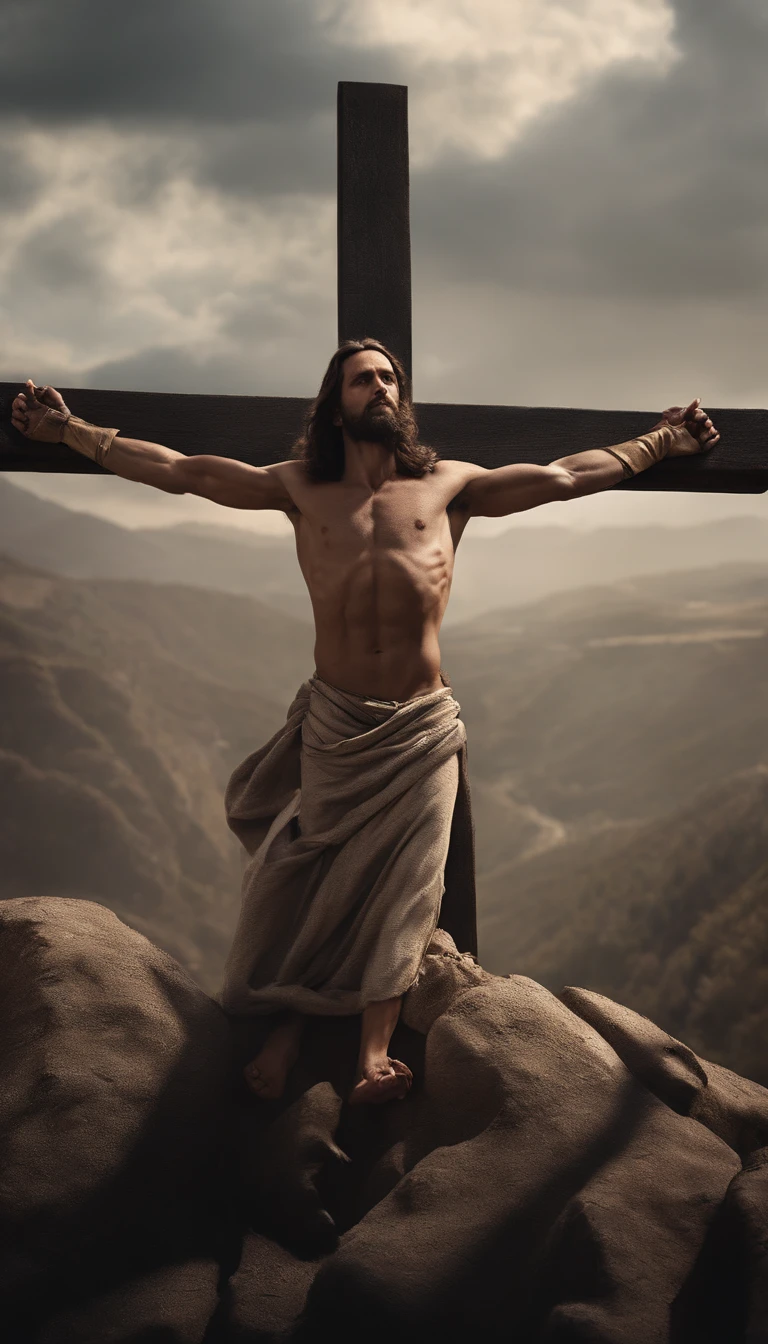 Create a detailed realistic cinematic scene of Jesus Christ being crucified on a cross at the top of a stoney hill, with the crowd witnessing the event and the Roman soldiers in the background detailed clothing texture, realistic skin texture,high contrast, strong backlighting, action film, dark color lut, cinematic luts