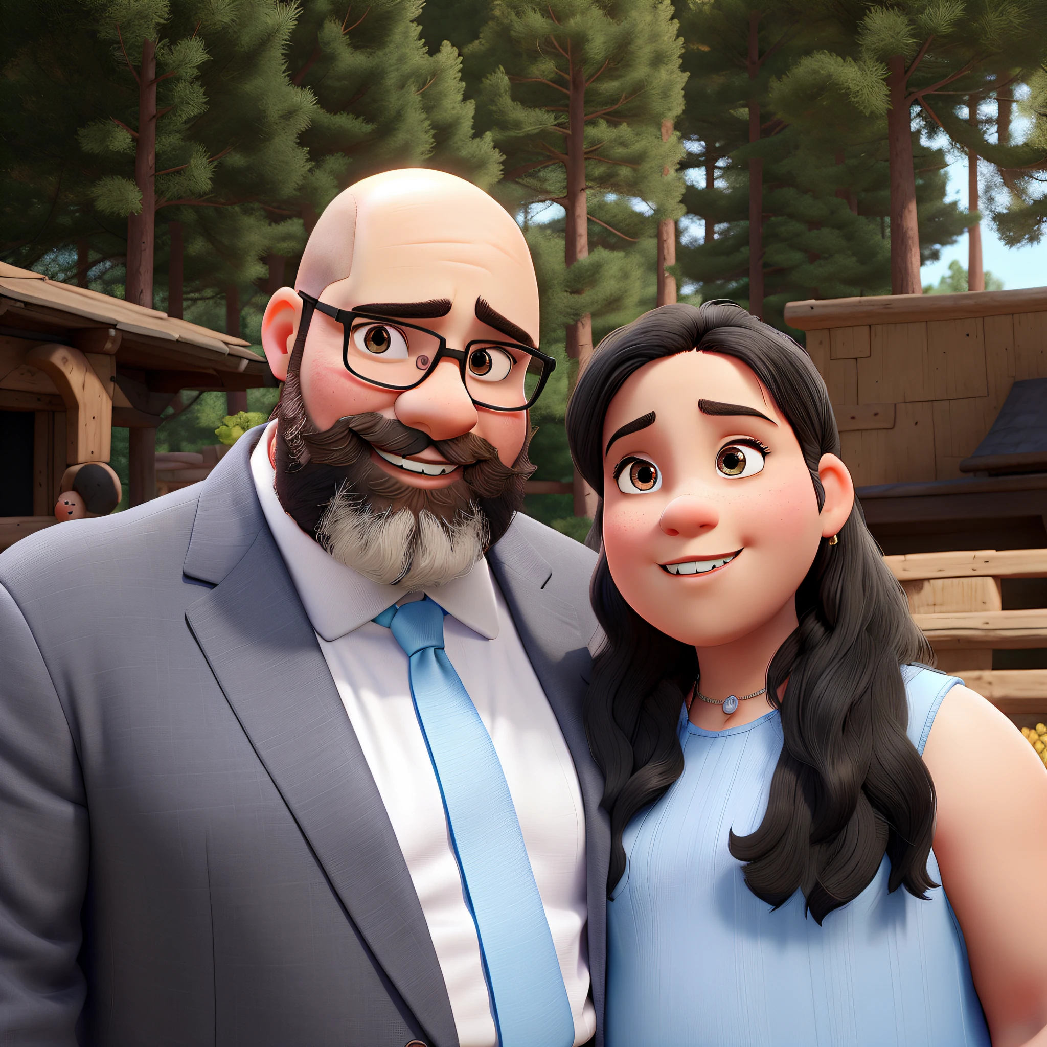 a bald fat young man with NO HAIR, a black beard, next to him, a young woman with black medium hair with a  blue dress, in disney pixar style, best quality, high quality