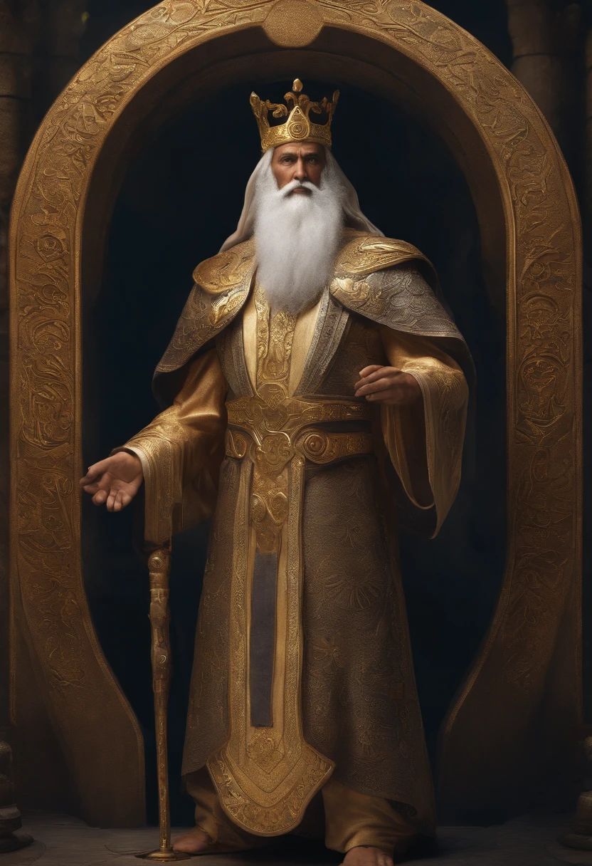 Giant with long gray beard, light brown skin, he is a god, the god Anu, wearing gold and wearing an ancient high-tech robe, a crown, a high-tech watch on his left arm, standing in front of the tree of life with a portal device, in his right hand and in his left hand, an antique bag, he has large golden eagle wings and on the back floor large high-tech temples with earth in a bowl
