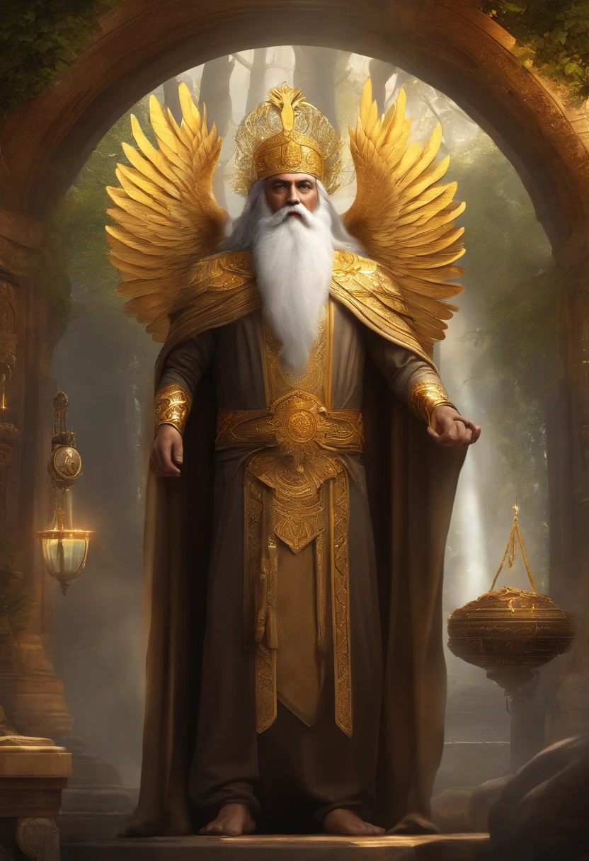 Giant with long gray beard, light brown skin, he is a god, the god Anu, wearing gold and wearing an ancient high-tech robe, a crown, a high-tech watch on his left arm, standing in front of the tree of life with a portal device, in his right hand and in his left hand, an antique bag, he has large golden eagle wings and on the back floor large high-tech temples with earth in a bowl