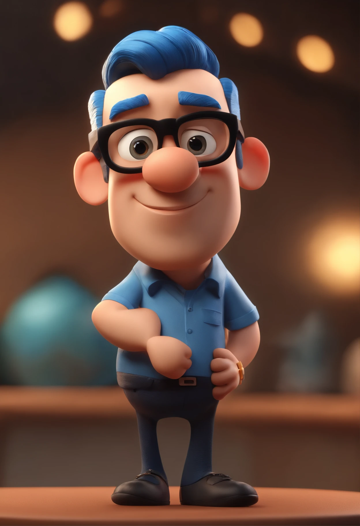 Cartoon character of a man wearing black glasses and a blue shirt, um personagem animado, Caractere estilizado, animation style rendering, 3D estilizado, Arnold Maya render, 3 d render stylized, toon render keyshot, Personagem 3D, Personagem 3D, 3d rendering stylized, 3 d character render, personagem de desenho animado, Personagem de close up, Pose de personagem, (Estilo Pixar) (master part:1.2) (Bokeh) (best quality) (pele detalhada) (textura detalhada) (8k) (argila) (Cinematic lighting) (foco nítido，Senta e vaza a parte superior do corpo