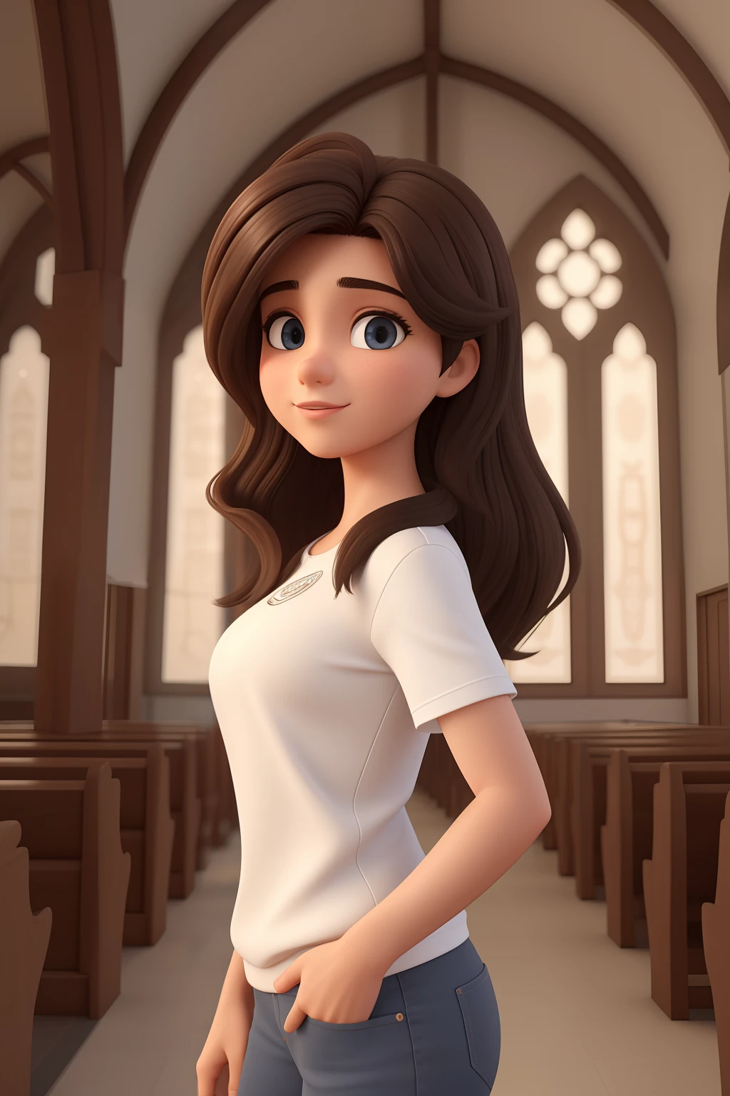 adolescente de 16 anos com longos cabelos castanhos escuros e olhos castanhos, youthful appearance, usando um grampo de cabelo. 3d cartoon with precise proportions. na igreja,  de coroinha