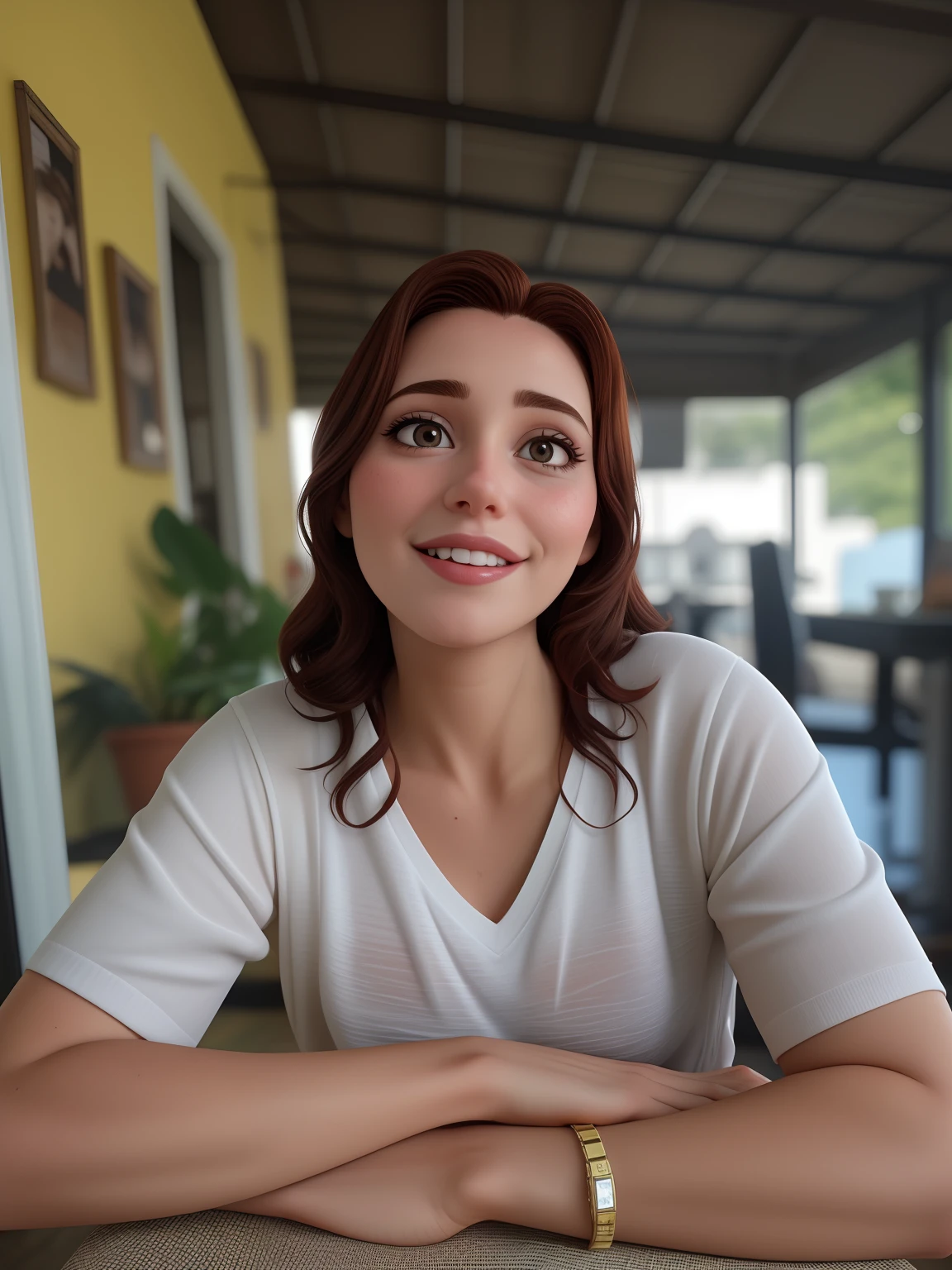 Uma mulher de 30 anos, with medium hair, ruiva, Rosto fino, sorriso encantador, e olhos castanhos, pele branca, de camisa.