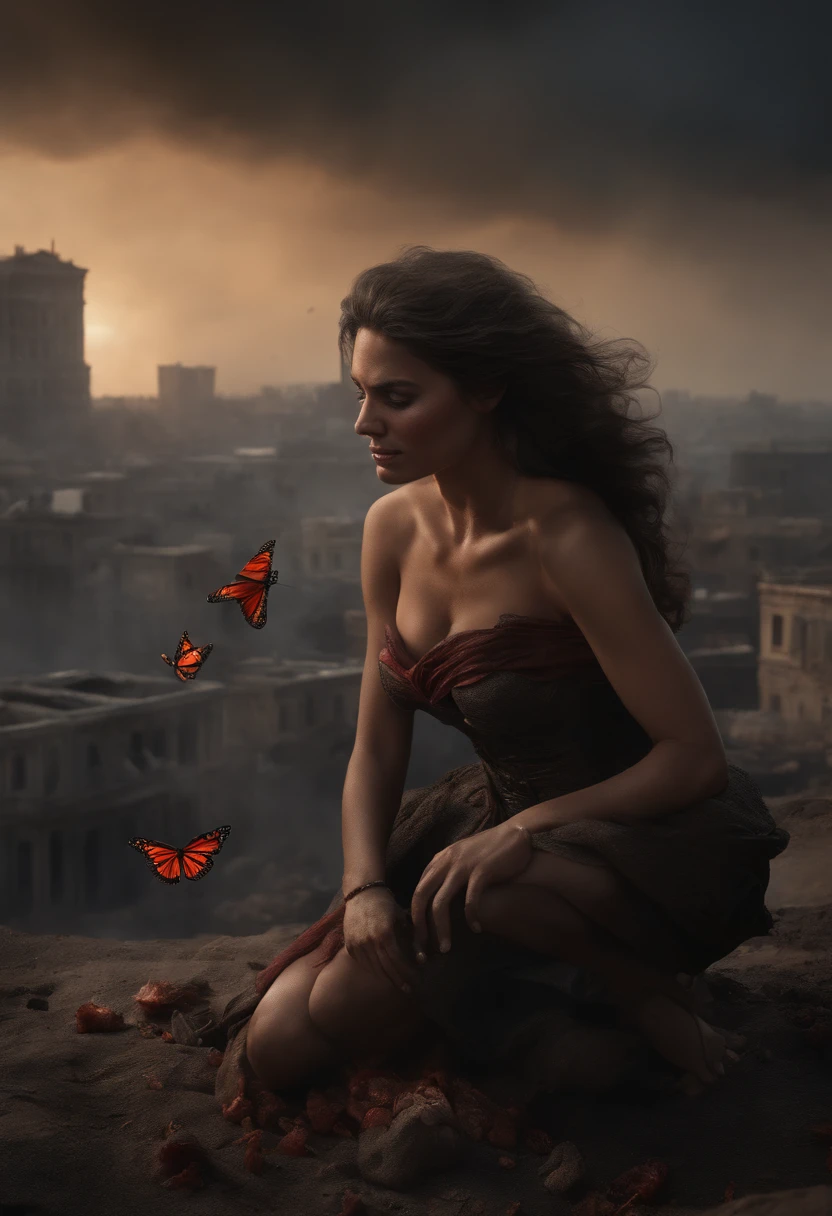 Ultra-realistic depiction of a wonderwomen, sitting with watermelon, agony, ((dried tears drops)), messy and curl hair, dusty face and cloth,(( a destructed city in background, fire, ((human corpse on ground)), some people are crying, destroyed building)), a butterfly sits on her forefinger, (((she is looking at the butterfly and a little bit smile))), hyper detailed, dynamic color, black and gray shade, super emotional picture, set against a hauntingly dark backdrop and surrounded by swirling dark smoke. The image should be in a captivating 16:9 format."