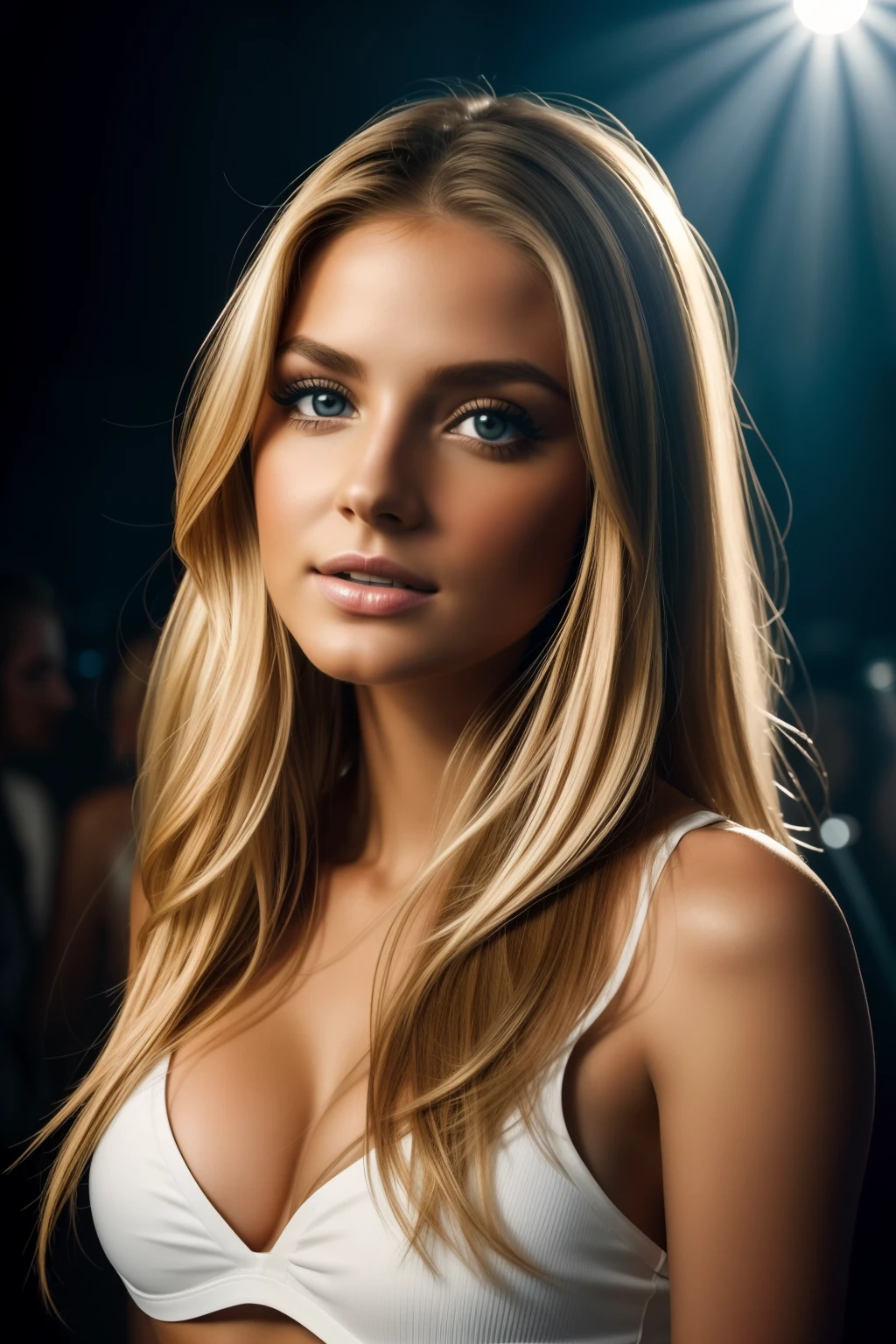 Natural photograph of a beautiful girl in a club, Tragen eines lockeren Crop-Tops, sich vorbeugen, langes, wallendes blondes Haar, Large bust, Breasts are great to see, Sperrt die Augen in die Kamera, Lidschatten, Symmetrische Augen, symmetrisches Gesicht, fotorealistisch, Fotografie, Pfadverfolgung, Spiegelnde Beleuchtung, Volumetrisches Gesichtslicht, Pfad nachgezeichnetes Haar, Sichtbare Schatten, kompliziert, Aufwendig, leerer Hintergrund