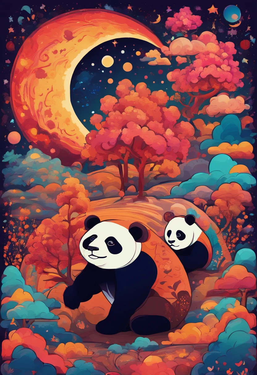 Starry sky and cloud trees, Warm Moon and reddish-brown panda protagonists
