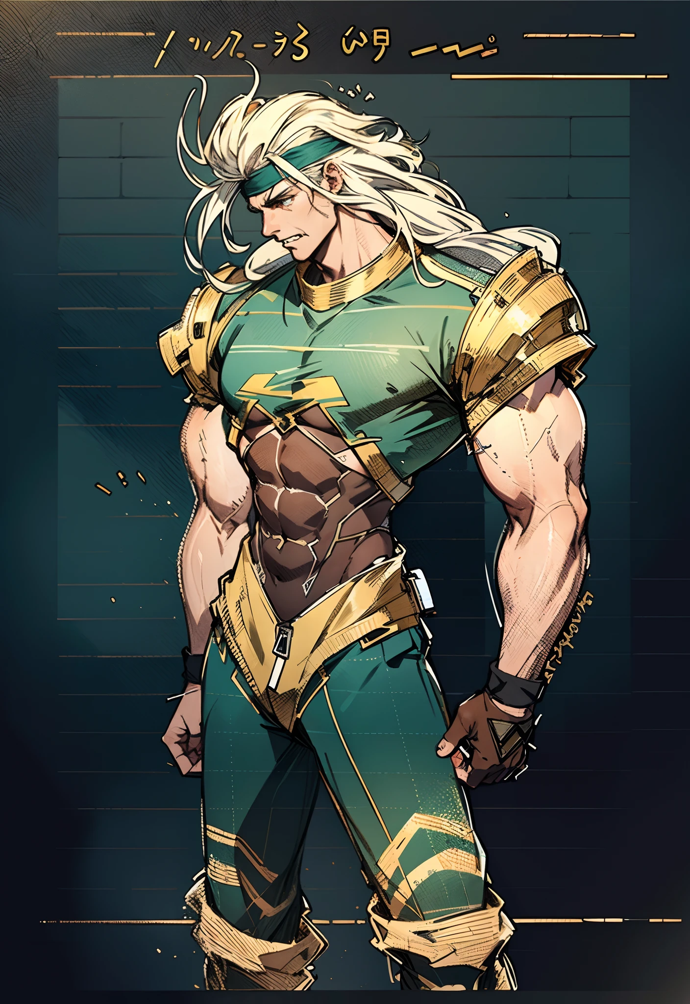 A middle-aged man, dark green long hair, wildly disheveled and exaggerated hairstyle, a headband, no eyebrows, a stern gaze, a well-defined facial structure, a tall and muscular physique, a fantasy-realistic style outfit, only a half-length windbreaker coat, sleeveless, revealing sturdy abdominal muscles, wearing wrist guards adorned with sharp teeth, matching trousers with the outfit, standing like a deity, dark clouds gathering in the sky, flashes of lightning and thunder, wild winds swirling around, this character embodies a finely crafted fantasy-style wild overlord in anime style, characterized by an exquisite and mature manga illustration art style, high definition, best quality, highres, ultra-detailed, ultra-fine painting, extremely delicate, professional, anatomically correct, symmetrical face, extremely detailed eyes and face, high quality eyes, creativity, RAW photo, UHD, 8k, Natural light, cinematic lighting, masterpiece-anatomy-perfect, masterpiece:1.5