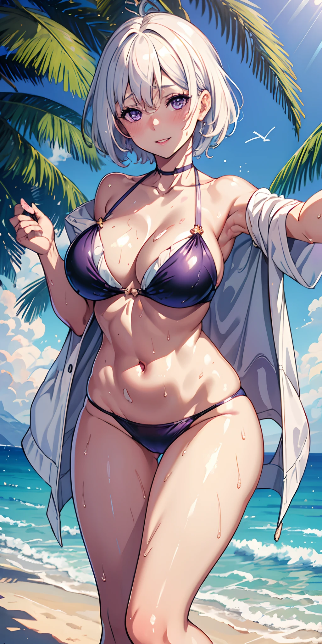 selfie, 1girl, white hair, purple eyes, parted lips, blush, makeup, light smile, bikini, beach, sweat, wet, light rays, glow, thighs, collarbone, narrow waist, (masterpiece), wallpaper,