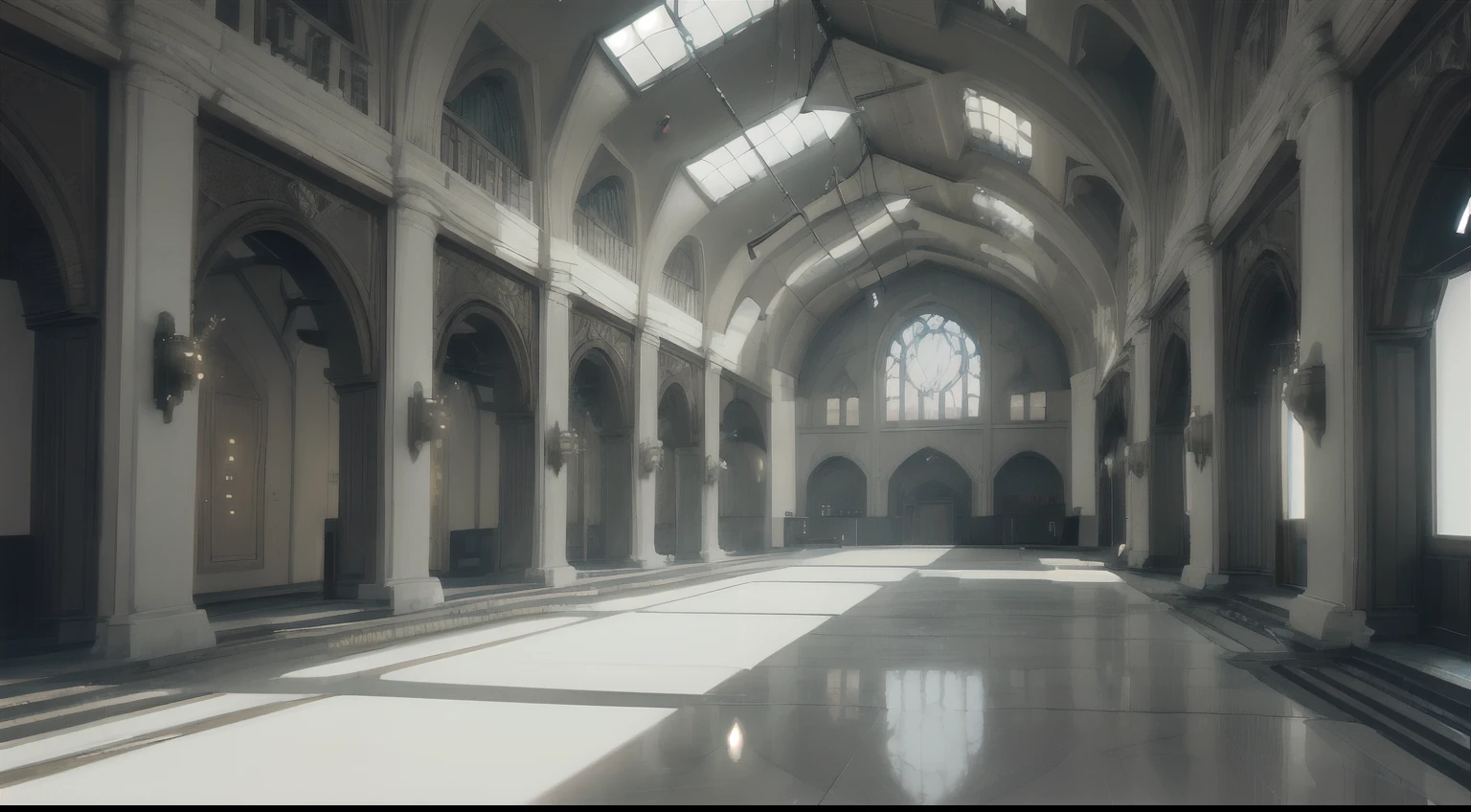 (Armory),(Urban interior),(Wide focus - panorama), High, gigantic ceiling, large hall. Royal Armouries. A large, spacious hall, a round amphitheater, in which robots, military mechanisms, and guns of various modifications are collected. Polished stone floor, very high ceiling, glass hemisphere, let in daylight), (Around the perimeter of the walls there are arches - semicircular niches, cybernetic Gothic), (weapons, mechanisms, combat robots, equipment in the side niches, cabinets with electronics, wires curled to the floor ) . The structure is filled with a large number of military robots. The Royal Armory is a center in the style of cyberpunk, modern. White and black plastic, aluminum, polished artificial stone, 3D architectural printing. The walls are decorated with complex geometric patterns. White and black with gold predominate in the main color range. The general stage is in twilight. The central part of the corridor is well-lit from above by a domed glass ceiling. The shiny surface of the floor reflects the surrounding objects (Cyberpunk, futurism), (Ghost in the Shell style, Japanese anime.
Interior lighting, neutral-white light-cold shadows, matrix geometry, and secret symbolism decorate the floor. The high Gothic forms of the walls are the atmosphere of the future, an alien highly developed civilization. Warm bright - contrasting light, light cold shadows, clear image of details, texture, decor (high image quality), (Clear high-quality render), (unreal engine), SD quality, 8K. Stylization Animation, RiotGames, Lucas Arts, Japanese cyberpunk anime, Blade Runner. Sh.R. Giger "Alien".