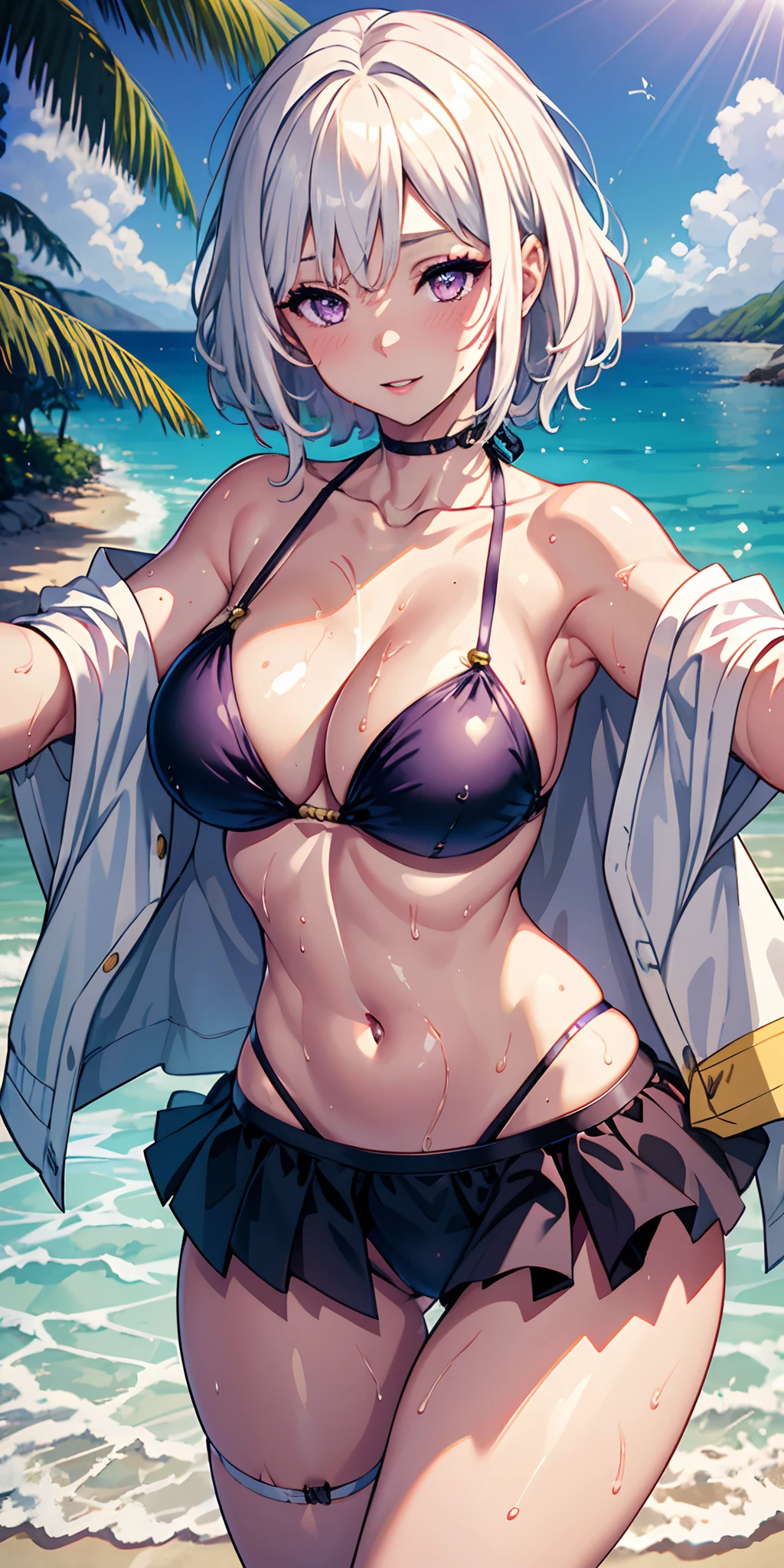 selfie, 1girl, white hair, purple eyes, parted lips, blush, makeup, light smile, bikini, beach, sweat, wet, light rays, glow, thighs, collarbone, narrow waist, (masterpiece), wallpaper,