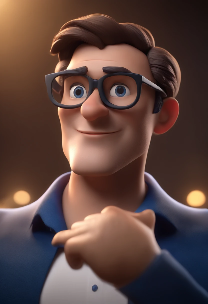 Cartoon character of a man wearing black glasses and a blue shirt, um personagem animado, Caractere estilizado, animation style rendering, 3D estilizado, Arnold Maya render, 3 d render stylized, toon render keyshot, Personagem 3D, Personagem 3D, 3d rendering stylized, 3 d character render, personagem de desenho animado, Personagem de close up, Pose de personagem, (Estilo Pixar) (master part:1.2) (Bokeh) (best quality) (pele detalhada) (textura detalhada) (8k) (argila) (Cinematic lighting) (foco nítido,Senta e vaza a parte superior do corpo