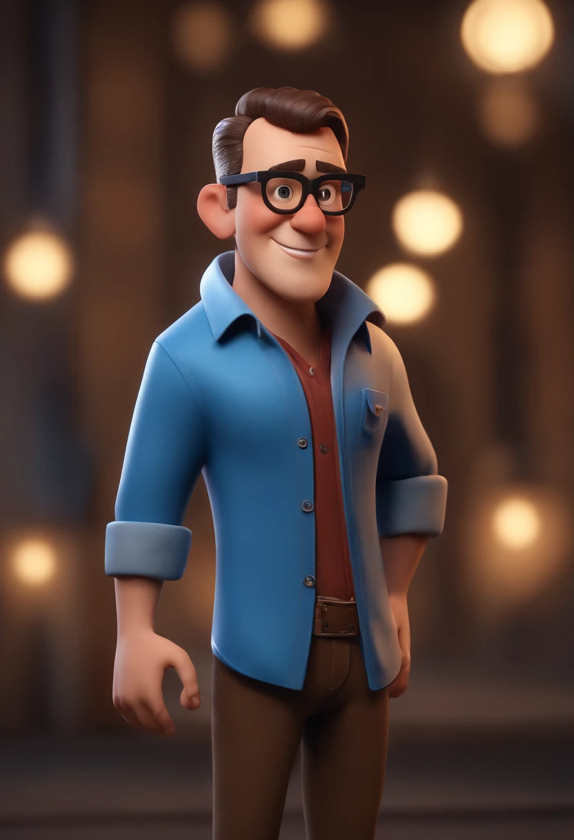 Cartoon character of a man wearing black glasses and a blue shirt, um personagem animado, Caractere estilizado, animation style rendering, 3D estilizado, Arnold Maya render, 3 d render stylized, toon render keyshot, Personagem 3D, Personagem 3D, 3d rendering stylized, 3 d character render, personagem de desenho animado, Personagem de close up, Pose de personagem, (Estilo Pixar) (master part:1.2) (Bokeh) (best quality) (pele detalhada) (textura detalhada) (8k) (argila) (Cinematic lighting) (foco nítido,Senta e vaza a parte superior do corpo