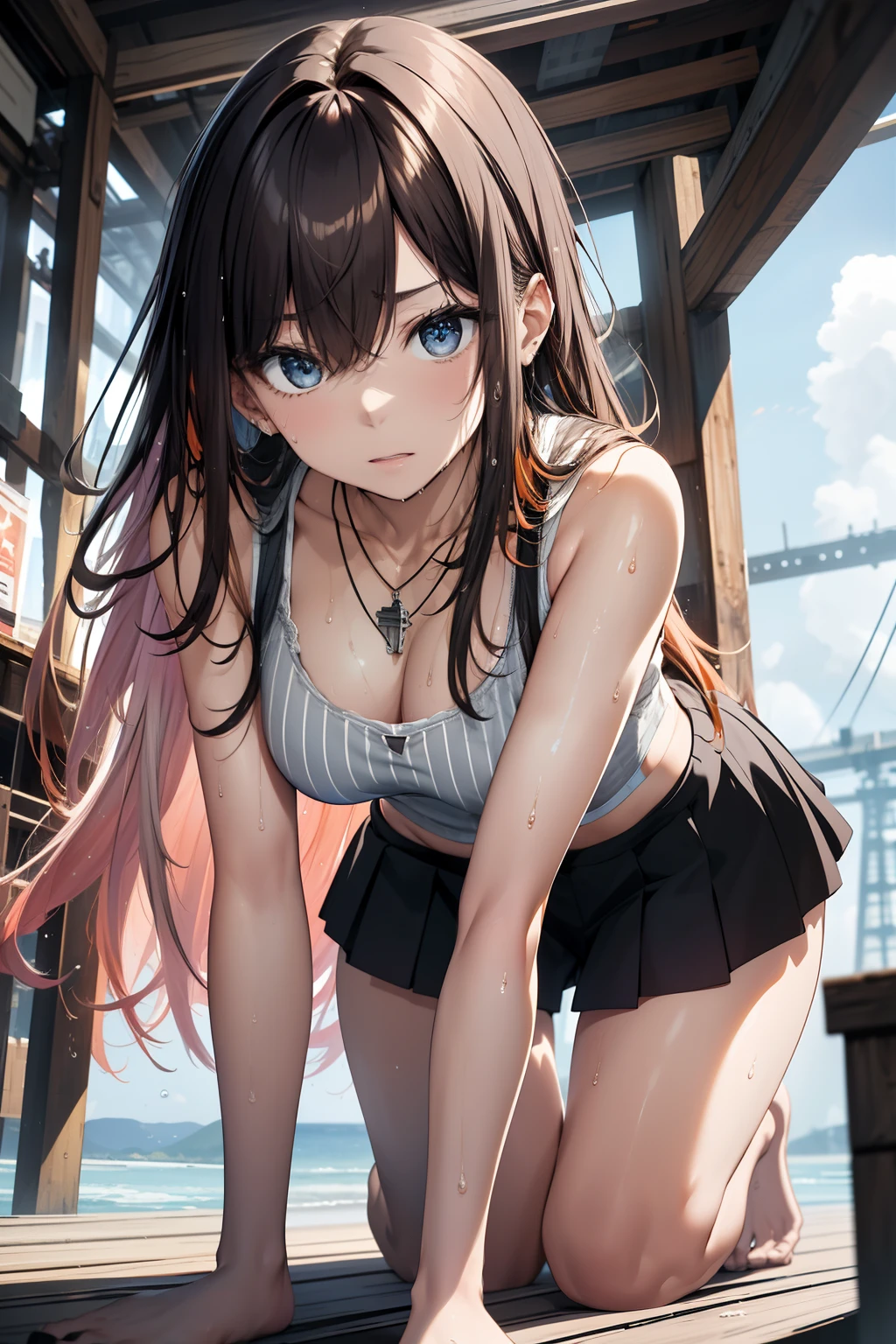 The upper part of the body、an oil painting、​masterpiece、top-quality、hight resolution、Orange long hair、Orange long hair、shores、Naughty look、White and gray stripes々bra very、White and gray stripes々Panties、Bending legs、Female face、Hot face、A slightly troubled look、sweat-wet skin、blue-sky、Pink tank top、Black miniskirt、bending forward、all-fours、Necklace on the chest