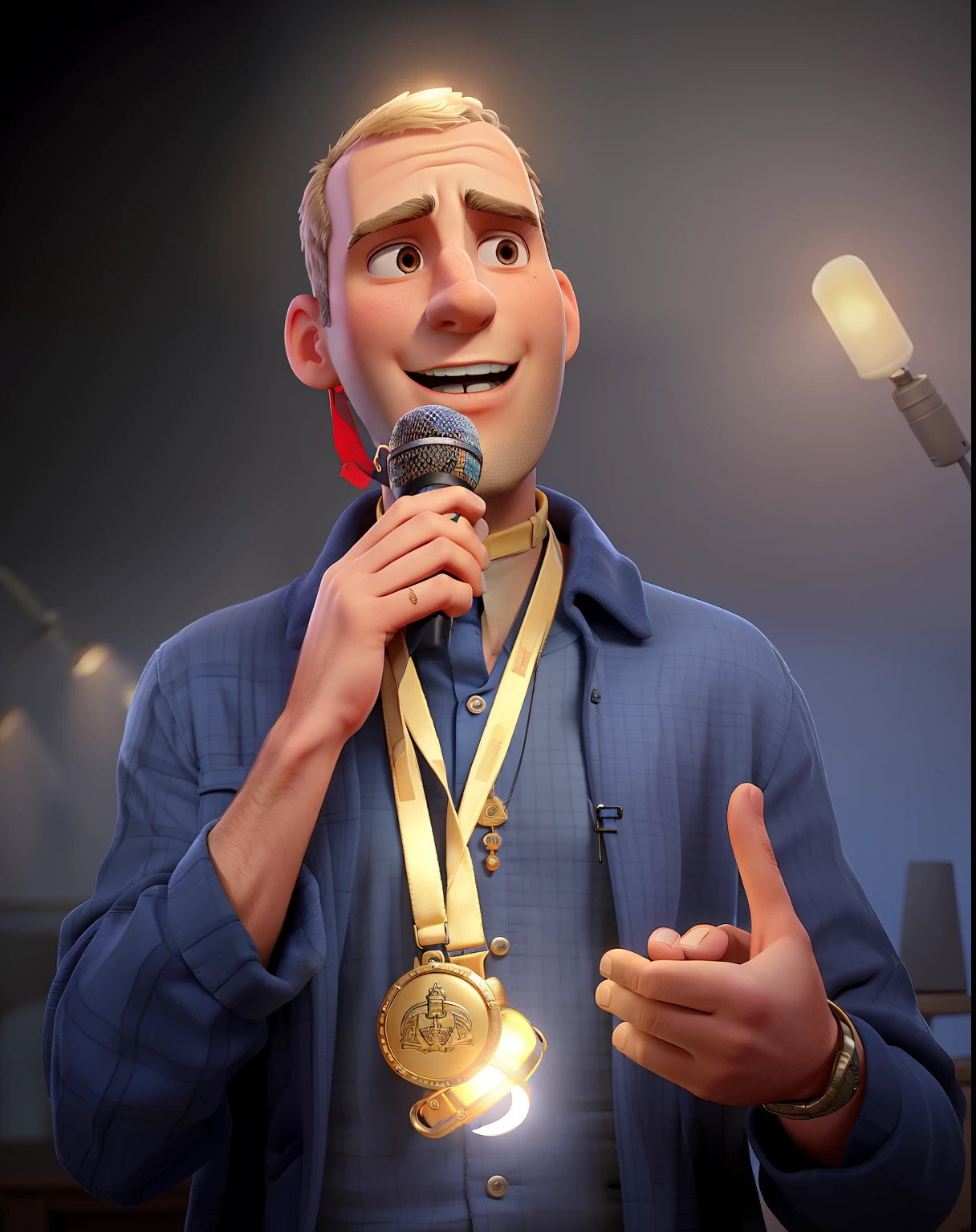 A man with no heads in his head, with medals around his neck, Speaking into a microphone illuminated by the light of a lamp