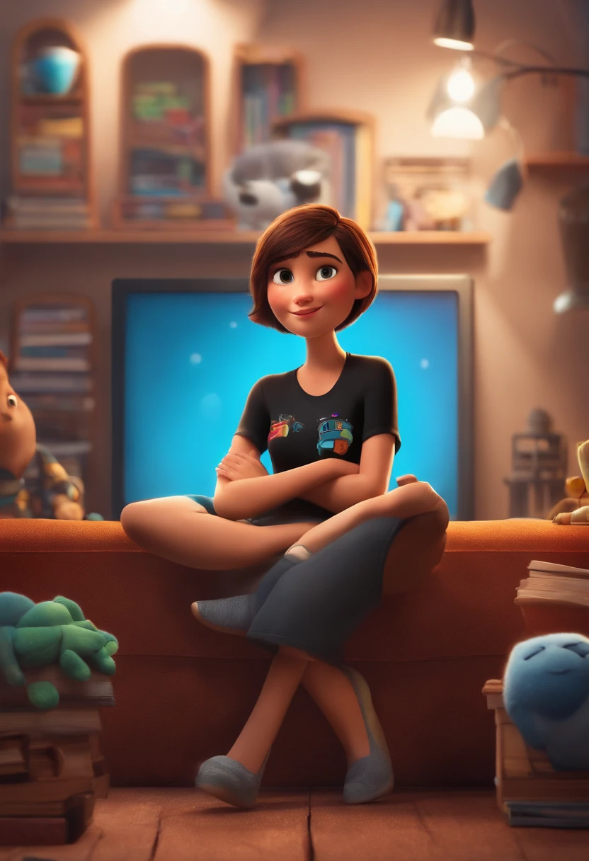 filme Marketing 2023 estilo filmes Pixar, Com nome "N - Marketing", poster, With young lighter brunette short hair and a black t-shirt in front of crossed arms.