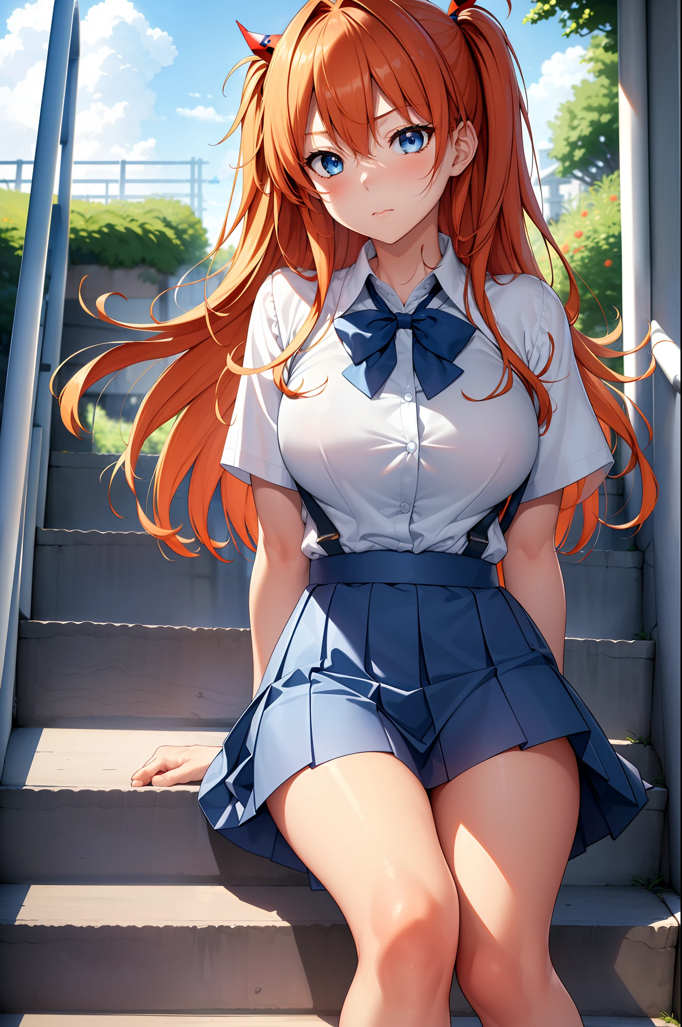 (masterpiece, best quality:1.2), (tsurime:1.2),
(face focus, face close-up, close-up face:1.2), tsurime, 1girl, souryuu asuka langley, solo, blue eyes, school uniform, looking at viewer, long hair, looking back, tokyo-3 middle school uniform, orange hair, white shirt, from behind, shirt, short sleeves, closed mouth, bangs, two side up, stairs, feet out of frame, white socks, suspender skirt, blue skirt, blue dress, outdoors, dress, hair ornament,