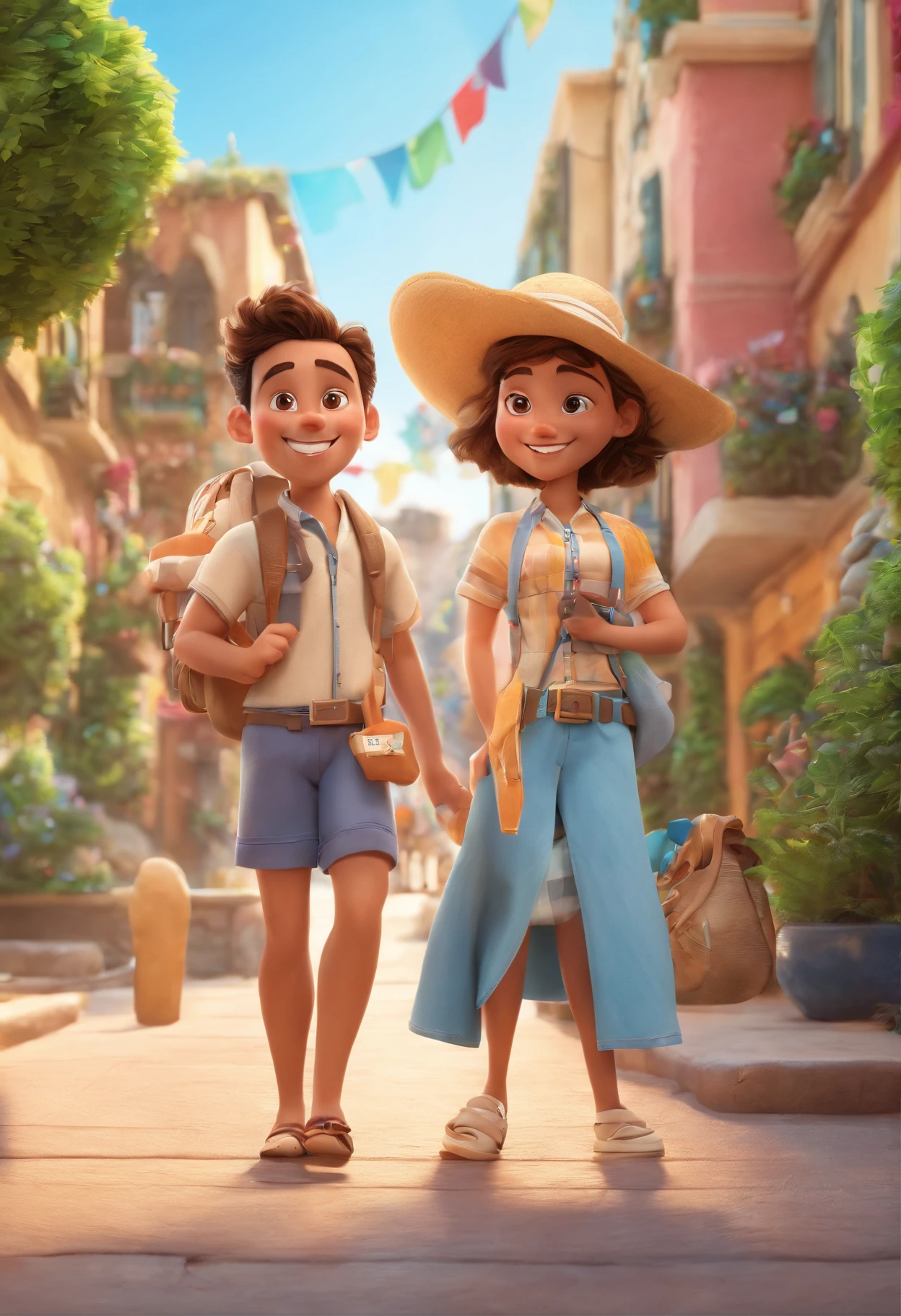 Cartoon of friends having fun on vacation together, 3D Animation Movie Poster, Poster de filme animado, pixar 3 d animation style, pixar renderman rendering, maia 8 mil, animated film, Disney Pixar Estilo 3D, amigos felizes saem juntos, all wearing light blue shirts and cream brown long pants, camisa azul clara, cream brown pants, ao ar livre, vacation, Disney Pixar Animation Poster