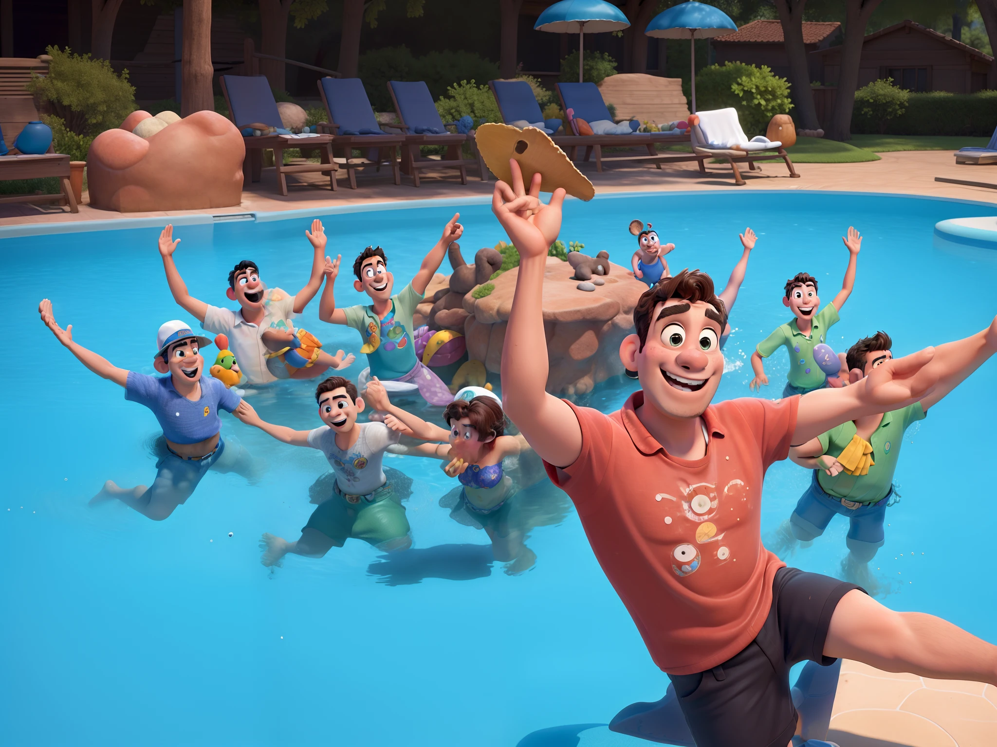 Obra-prima ao estilo Disney/Pixar in high quality and high resolution. Animadora na frente e grupo de amigos na piscina