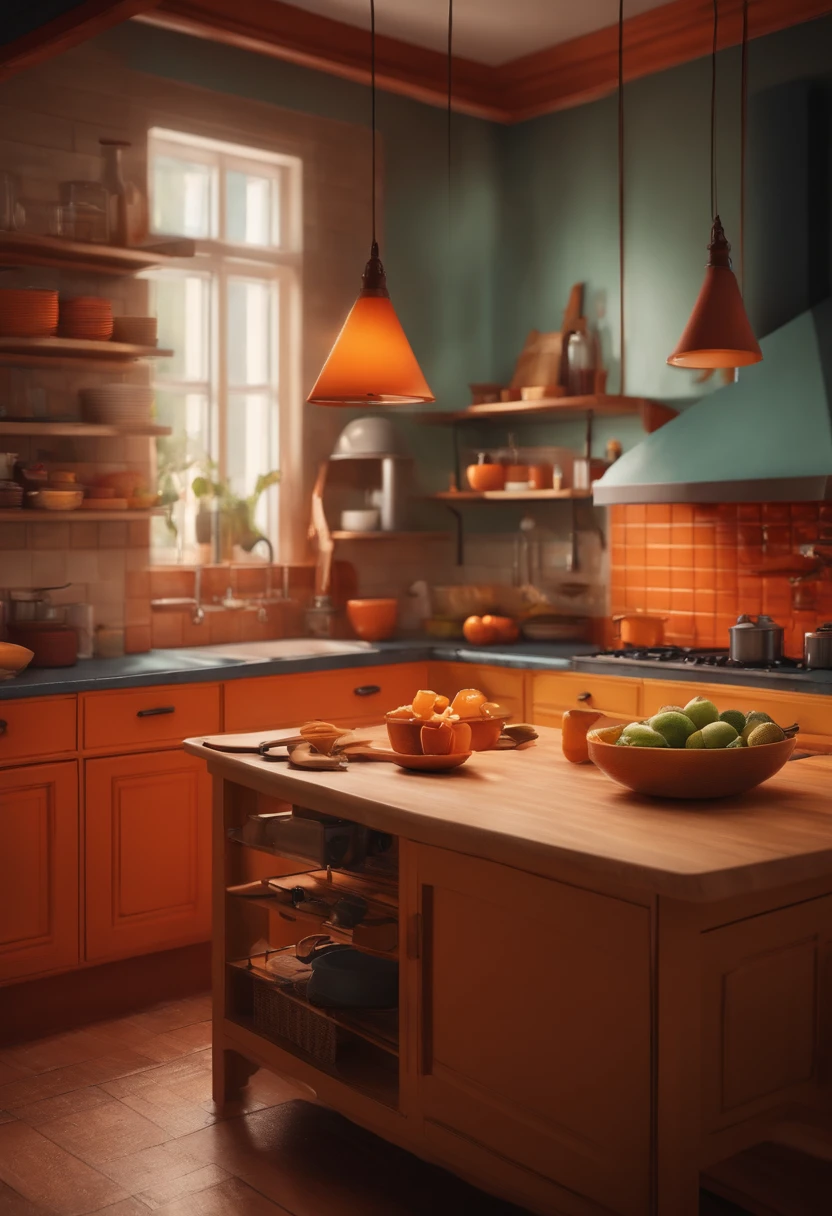 Criar um personagem no estilo pixar dentro de um jaleco em uma cozinha, ela tem