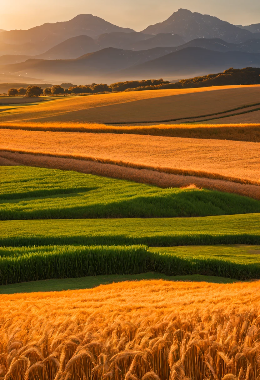 dia ensolarado, with a wheat field and mountains in the background, o trigo reflete a luz vinda do sol