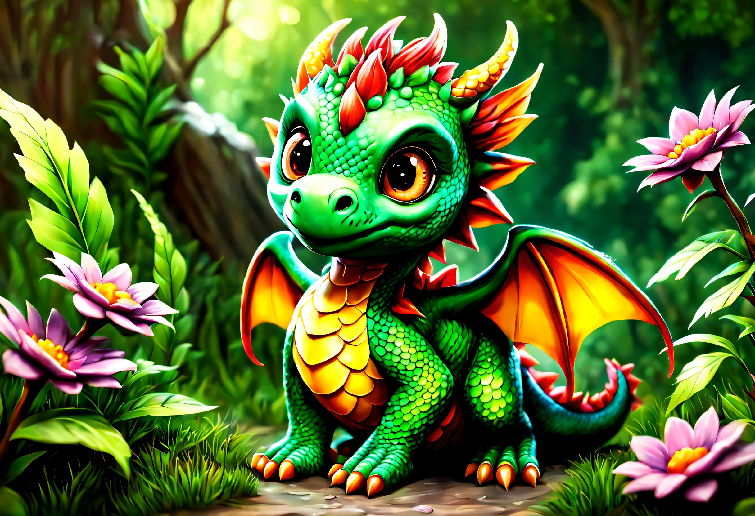 (a cute  dragon),illustration,[vibrant colors:1.1],[magical,enchanted,fantasy],[dragon scales],[big round eyes:1.1,innocent expression],[tiny wings],[fluffy tail],(best quality,highres),[soft lighting],[detailed illustration],[playful,curious]