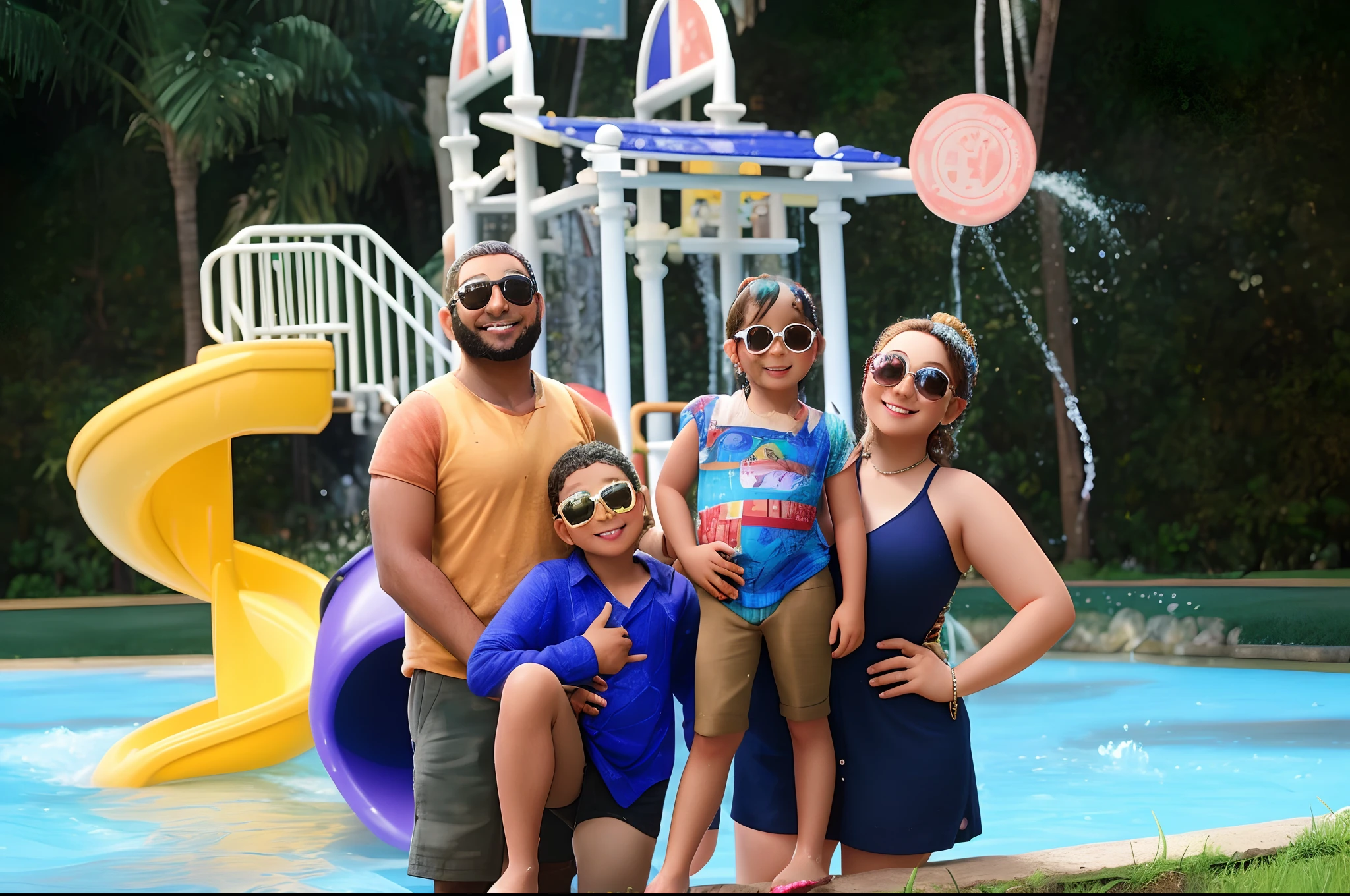 There's a group of people in front of a water slide., waterpark, divertindo-se, vacation photo, Familiar, Family photo.