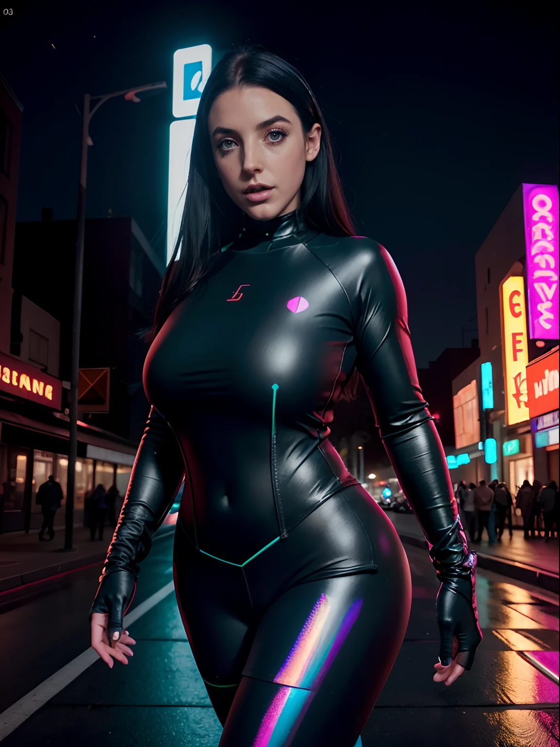 sexual, wearing dark high contrast holographic skintight clothing:1.2, fit girl, hourglass figure, dark clothing, high contrast clothing, holographic clothing, walking towards the camera:1.2, walking:1.2, walking fast:1.2, wind blowing hair:1.3, windy, strong wind, determined, surrounded by neon-lit cityscape reflections, vray render, ray tracing, subsurface scattering, by Josan Gonzalez and Liang Mark (upper body shot),(walking towards viewer:1.3), (hyper realistic:1.3), (portrait:1.2), highly detailed eyes,(highly detailed skin:1.3),(freckles:0.6),pores, (4k),back lit, rim light,large breasts:1.3, crossing legs