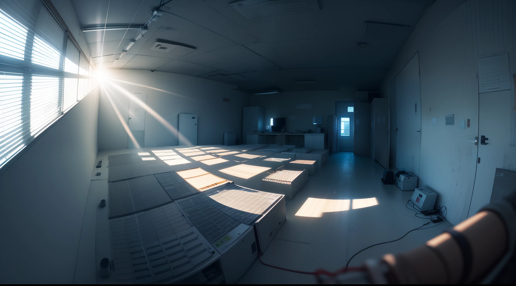 A room seen from the front with the horizon in the middle of the frame, The room is dark and the sun is streaming in through the window on the right. The sun's rays create a bright beam, you can see the dust in the air. The room is light blue and there are computer-style control panels on the walls, monitor and a round Star Strek type door.