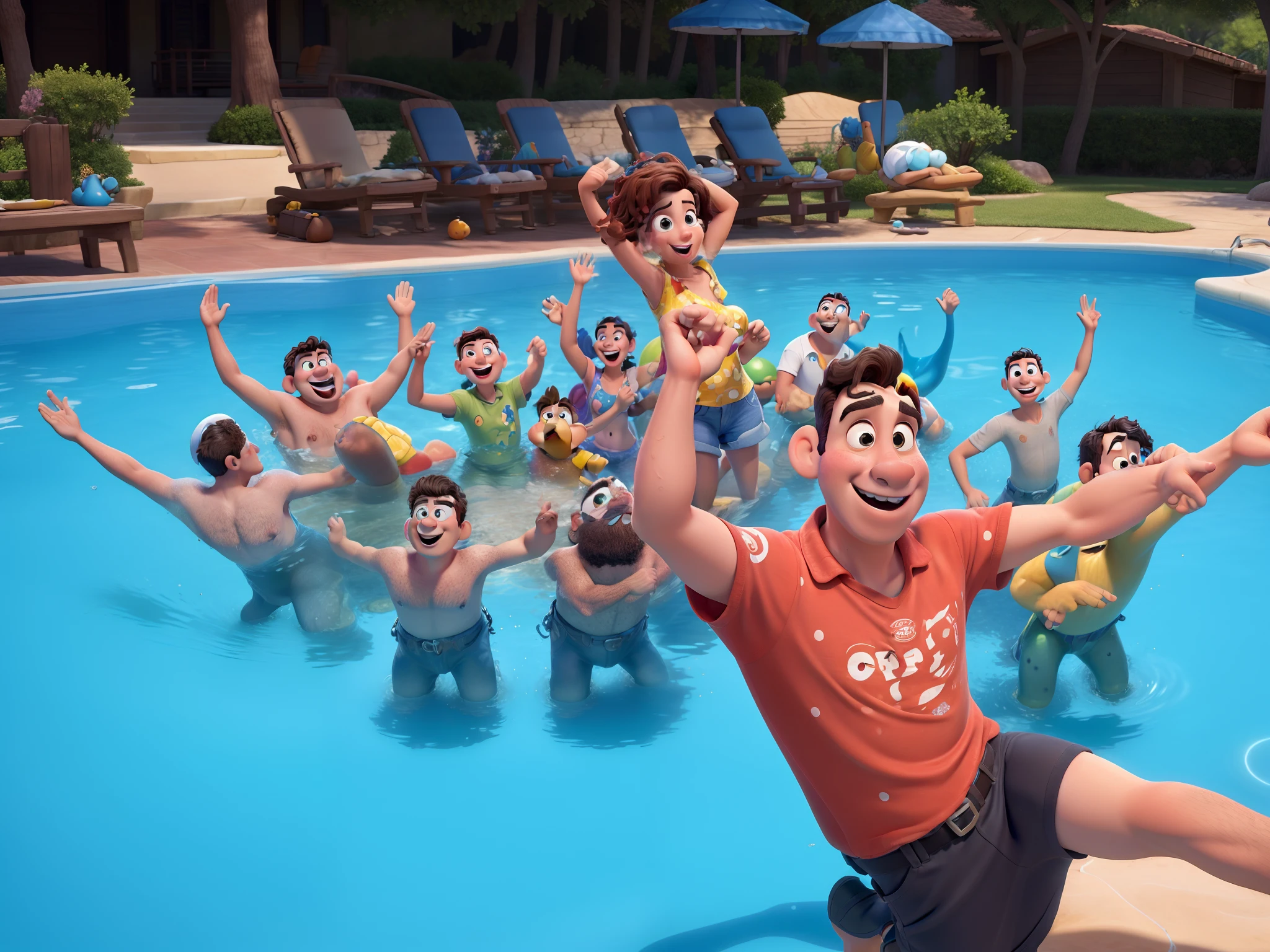 Obra-prima ao estilo Disney/Pixar in high quality and high resolution. Animadora na frente e grupo de amigos na piscina