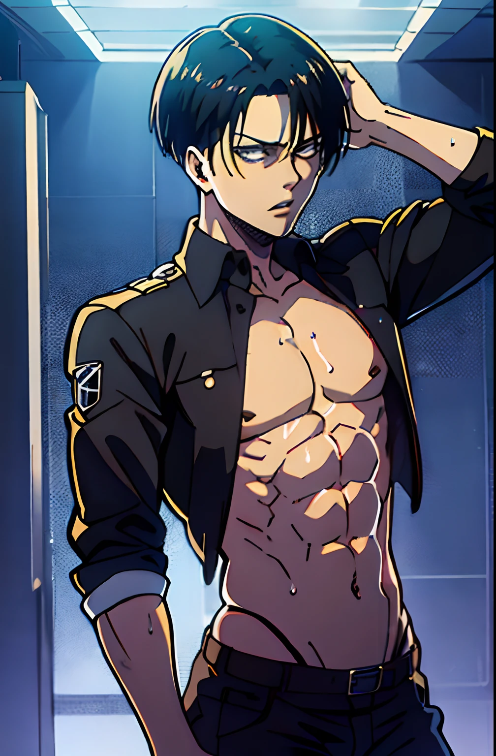 (Masterpiece,Best quality, Detailed), boy, dedans, Nuit, Haut du corps, sueur, Ahegao, yeux bleu gris, cheveux noir, wet shirt,
Levi Ackerman , collared shirt, muscles moyen