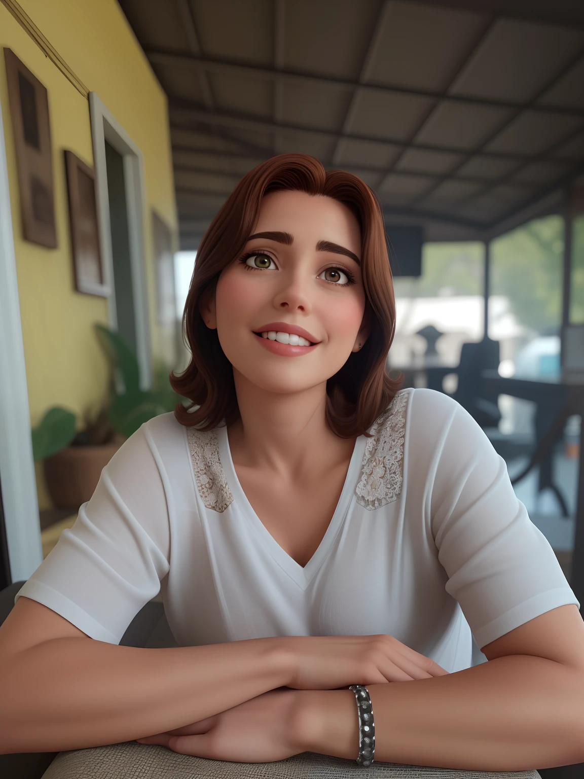 Uma mulher de 50 anos, with medium hair, enrolados ,ruiva, Rosto fino, sorriso encantador, e olhos castanhos, pele branca, de camisa.