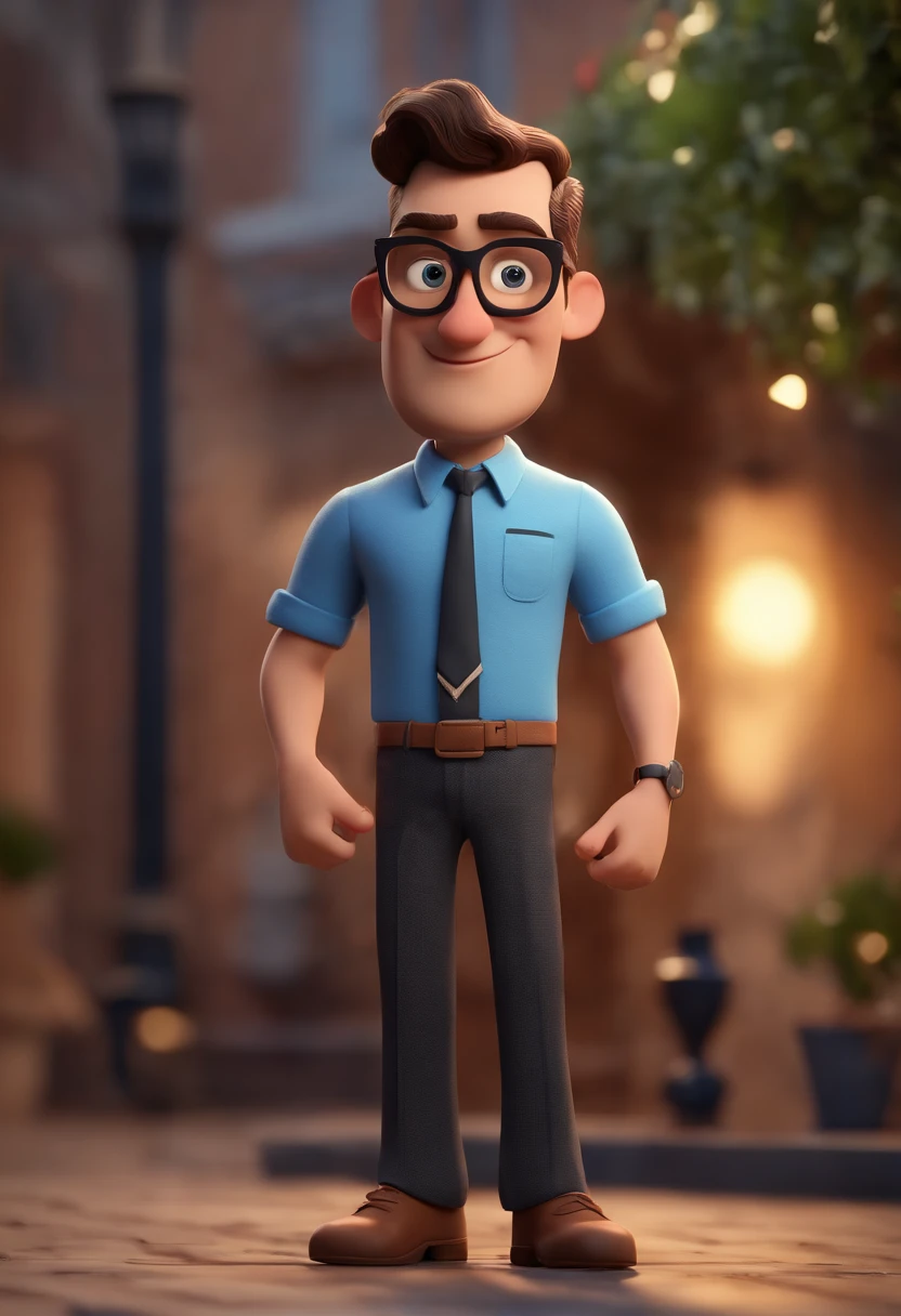 Cartoon character of a man wearing black glasses and a blue shirt, um personagem animado, Caractere estilizado, animation style rendering, 3D estilizado, Arnold Maya render, 3 d render stylized, toon render keyshot, Personagem 3D, Personagem 3D, 3d rendering stylized, 3 d character render, personagem de desenho animado, Personagem de close up, Pose de personagem, (Estilo Pixar) (master part:1.2) (Bokeh) (best quality) (pele detalhada) (textura detalhada) (8k) (argila) (Cinematic lighting) (foco nítido，Senta e vaza a parte superior do corpo