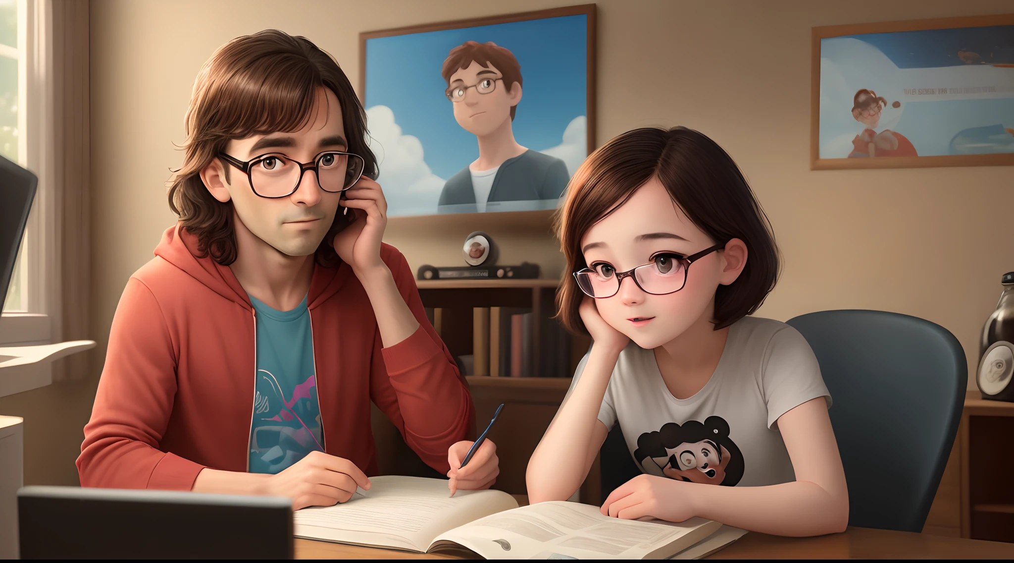 38-Year-Old Man Without Glasses And 12-Year-Old Daughter With Glasses, Disney Pixar poster style in high resolution