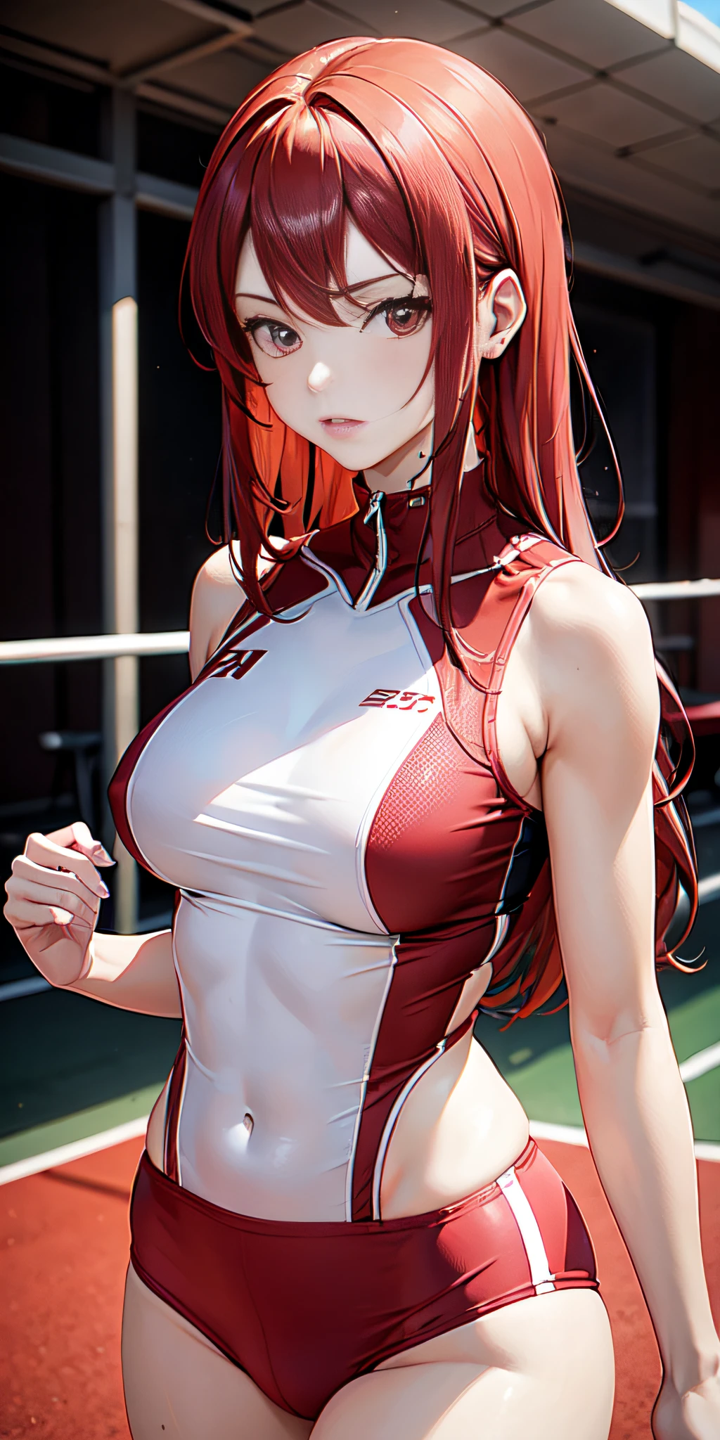 masterpiece, Red hair with a symmetrical face, Thin and athletic 18-year-old woman with medium breasts competes in a 100-meter dash race, 40% ultra-short and tight competition clothing, ((intricate details)), natural light, running track, professional photography, wallpaper