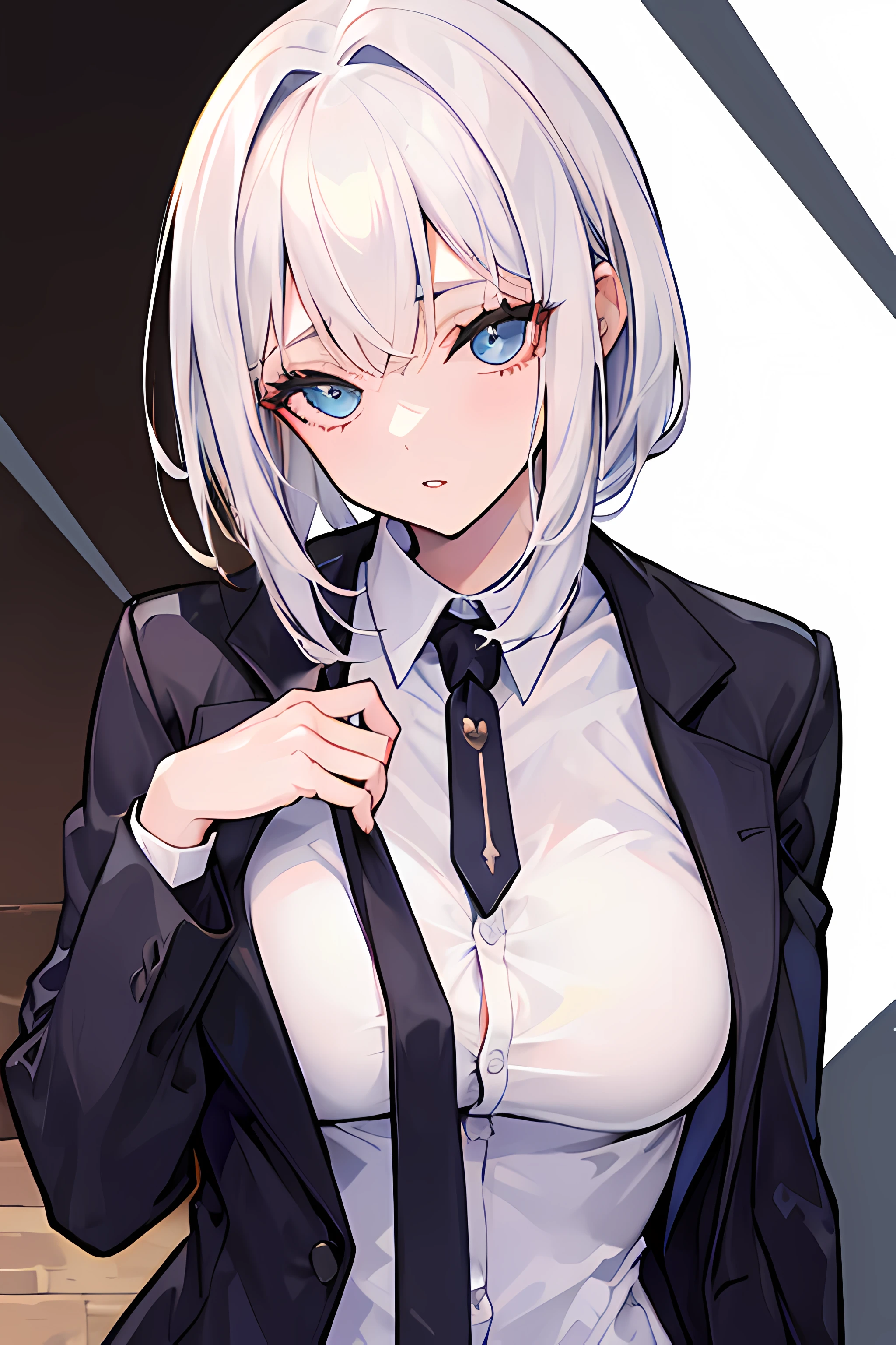 (master part, melhor qualidade:1.3) 1girl, sozinho, cabelos curtos, Olhando para o Viewer, olhos azuis, white hairs, clivagem, medium breasts, suit jacket, parte superior do corpo, roupas abertas, lips,
