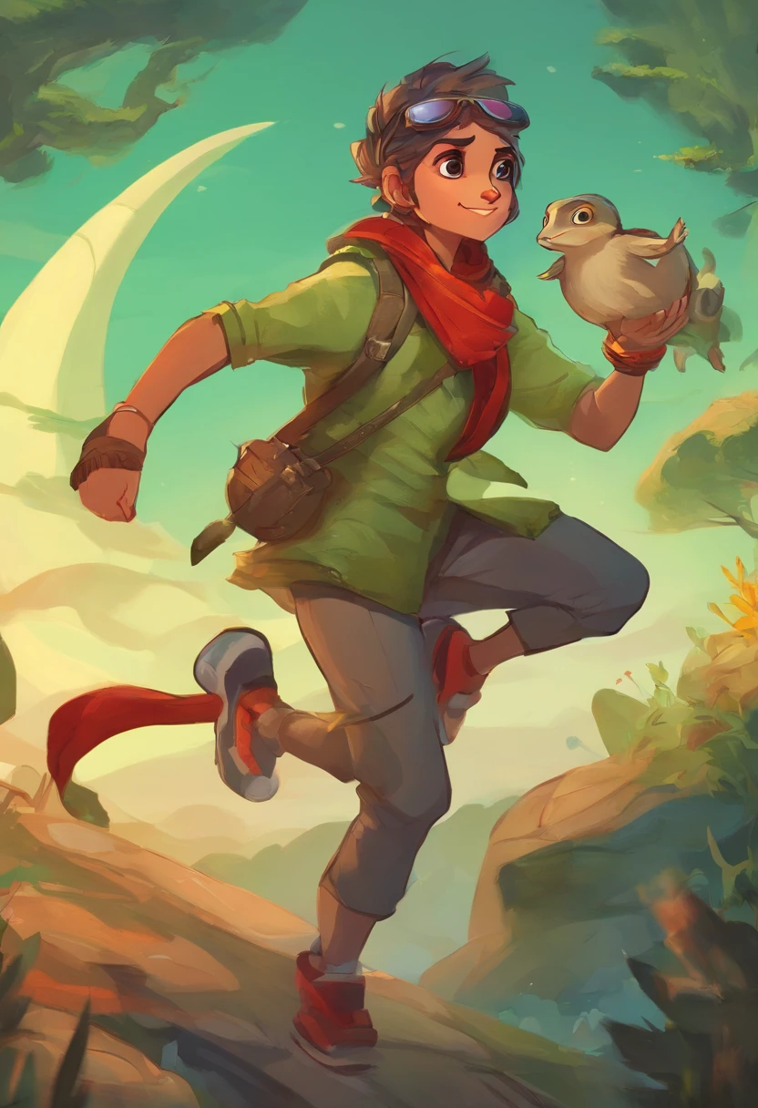 Crie uma cena colorida e animada para a capa de um ebook, mostrando uma corrida entre a lebre e a tartaruga. The hare is a confident and lively character, Wearing a red cap and blue sneakers, Running ahead of the turtle. She looks back with a mocking smile. The tortoise is calm and determined, Wearing a green scarf and sunglasses. The scene should convey the mood of the story and the personality of the characters."