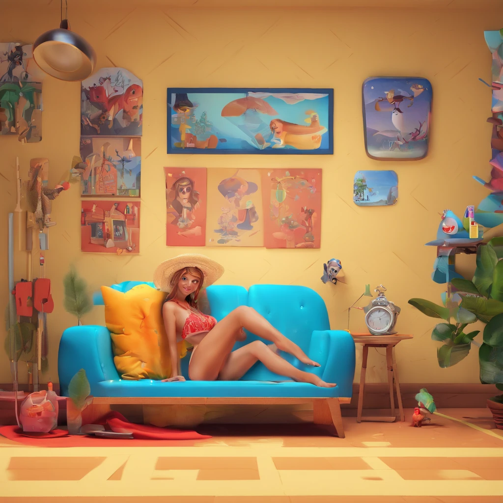 create a 3D movie poster inspired by Disney Pixar, The scene should be in Pixar's signature digital art style, com uma imagem caricatural que lembra a cantora brasileira "Anita" in the prone position, Wearing a bikini while a tattoo artist is sitting tattooing with a giant ring on one hand, inside a tattoo parlor.