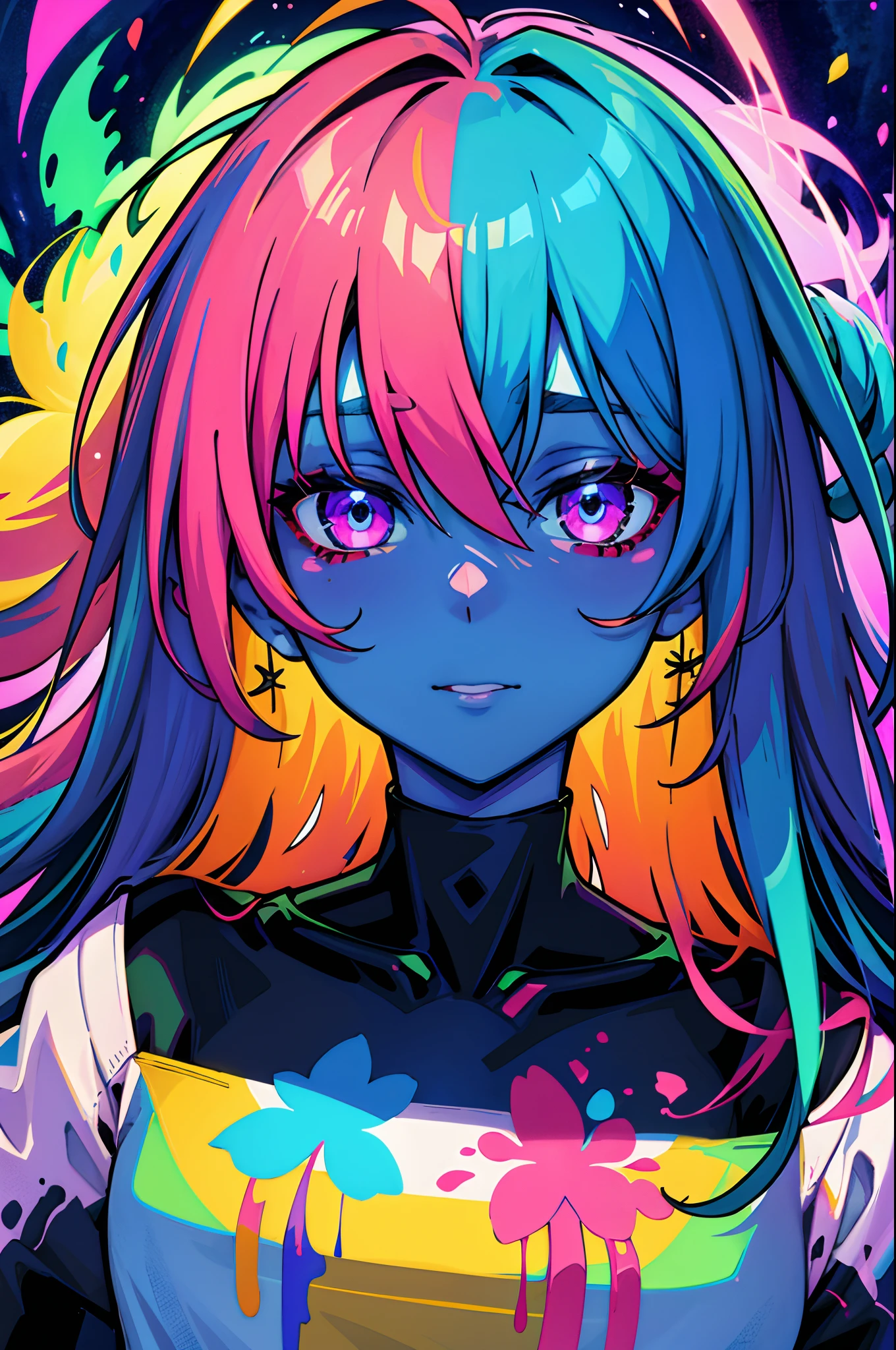 (close up), portrait, portrait, (solo), masterpiece, top quality, high contrast clothes, psychedelic, [[[lsd]]], particles, bloom, neon lighting, (glow), flat color, colored splashing, color mashing
