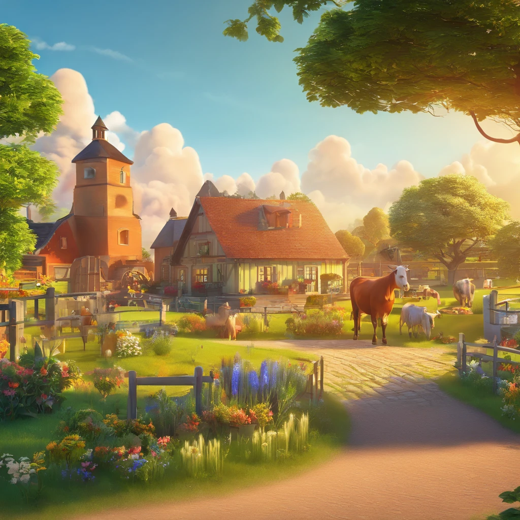 logo,farm,entrance,roundabout,illustration,detailed artwork,highest quality,ultra-detailed,photorealistic,landscape,greenery,farmland,animals,cows,horses,agriculture,organic,fresh produce,sunlit,clear blue sky,vibrant colors,warm lighting,serene atmosphere,harmonious composition