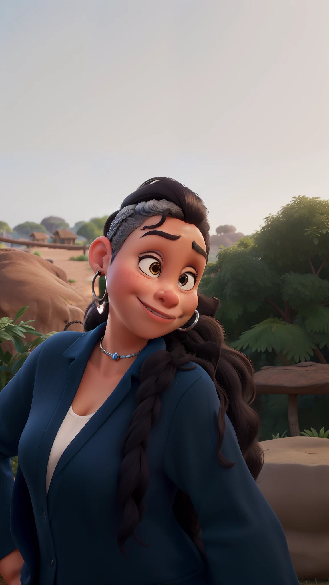 Recreate the image in Disney Pixar animation 3D style, sabendo que a personagem tem a pele negra marrom clara levemente avermelhada, cabelo ondulado longo preso com um rabo de cavalo alto, is wearing an eyeliner on your eyes, plus a silver hoop as an earring and a short silver chocker. The character is making a slight pout with her mouth.