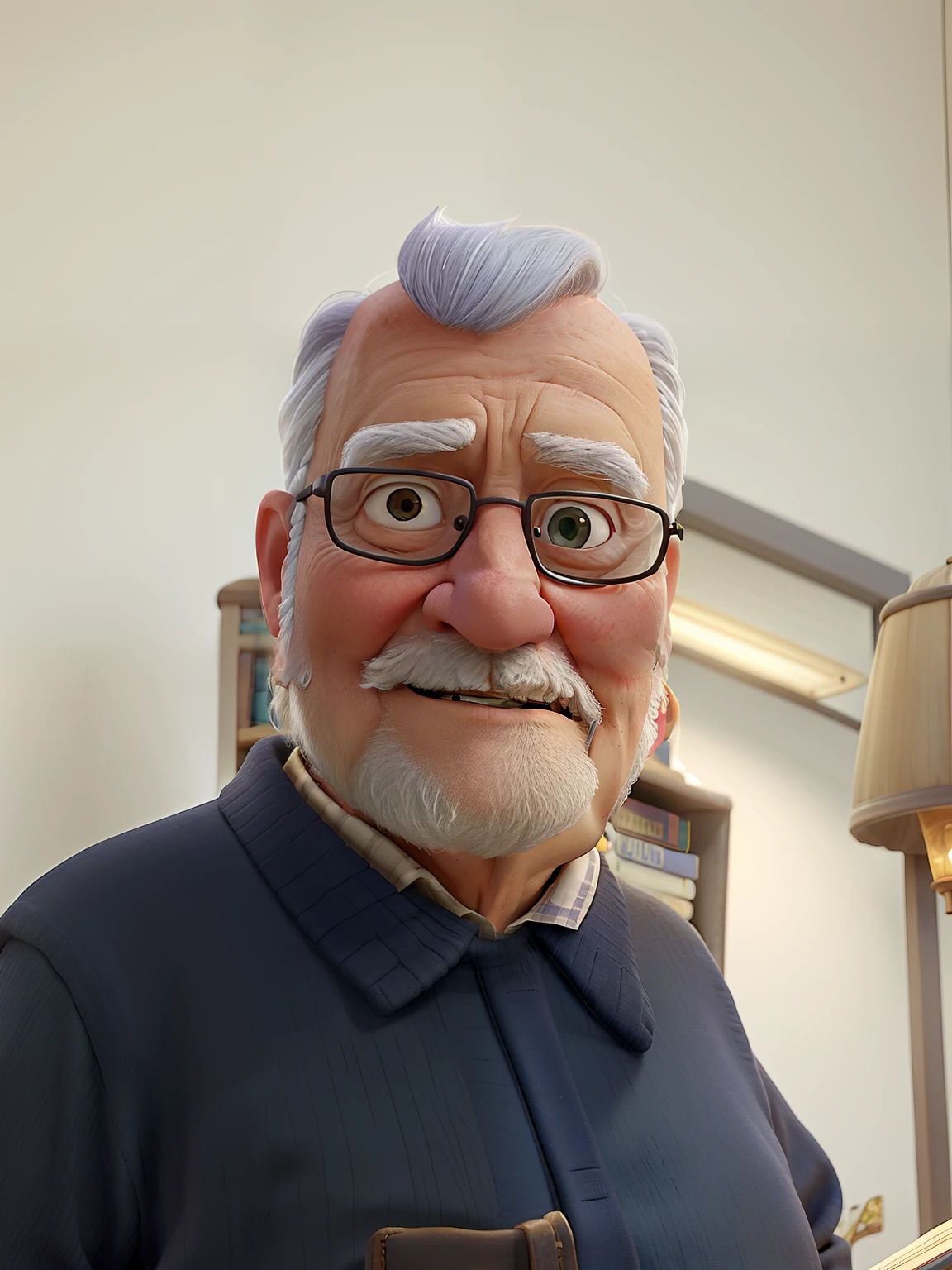 A wise old man standing in front, illuminated by the light of a lamp, against the backdrop of a library
