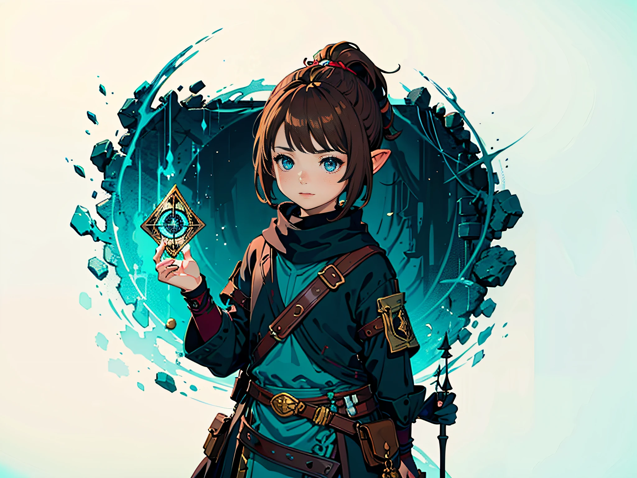 Lalafel,midget,enviable brown hair,cute blue eyes,holding tarot cards,very detailed,8k,portraits,soft color palette,and vibrant lighting.