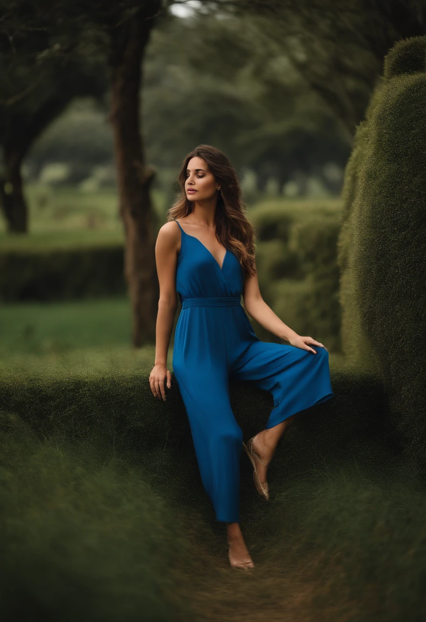 Mulher jovem, branca, cabelo liso um pouco grisalho na altura dos onbros, Blue jumpsuit with sleeves, sapatilha preta, In a place with grass and trees