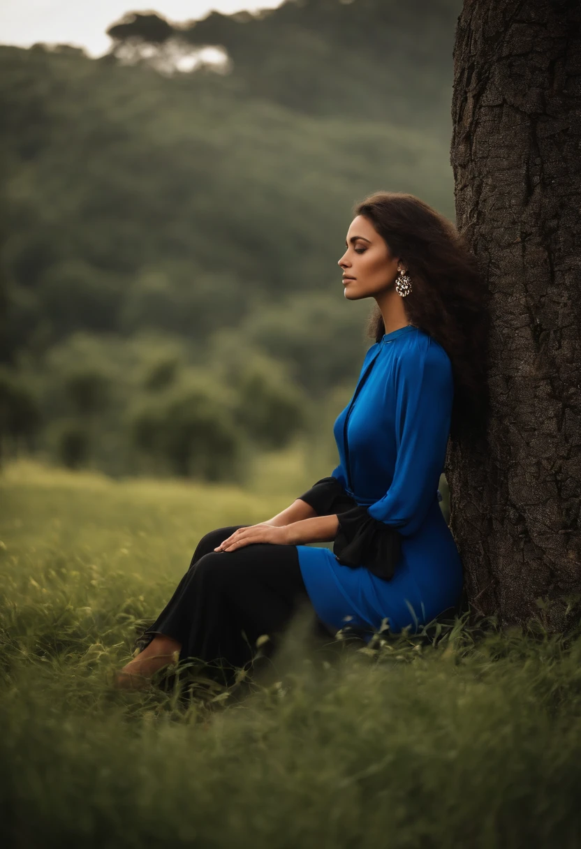 Mulher jovem, branca, cabelo liso um pouco grisalho na altura dos onbros, Blue jumpsuit with sleeves, sapatilha preta, In a place with grass and trees