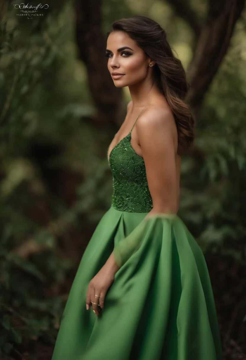 Crie uma foto realistica de uma mulher  com cabelos pretos cacheados e olhos castanhos grandes nariz pequeno e labios carnudos, com corpo esbelto e seios pequenos e pele clara estilo brasileira com um vestido decotado verde.