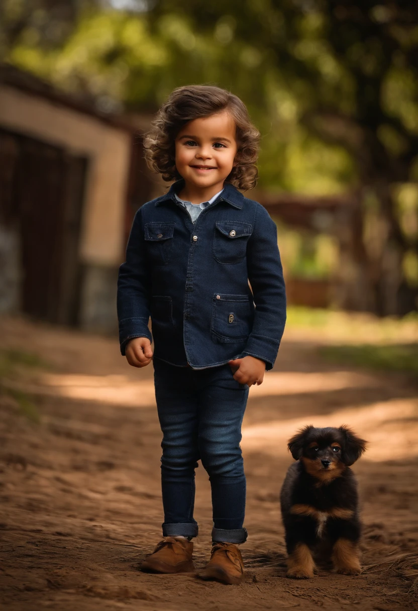 : Miguel, aproximadamente 5 anos de idade, cabelo curto estilo Disney, olhos castanhos e sorrisos. garota: Giovana, 2 anos, longos cabelos pretos e olhos azuis. scenecy: Miguel and Giovana are in a cozy little house in the valley, ao fundo um dia ensolarado, Destacando o Sol.