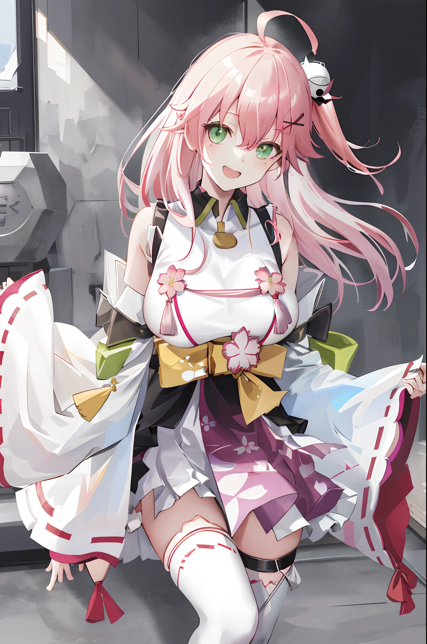 masterpiece, best quality, highres, miko1, sakura_miko, 1girl, big_boobs, solo, ahoge, x_hair_ornament, pink_hair, floral print, hairclip,(side_less_clothes:1.5), (side_boobs:1.5), hair_bell, floral print, long_hair, hair between eyes, one side up, white thighhighs, asymmetrical legwear, wide sleeves, open_mouth,(happy:1.3),green_eyes,big_smile,(raise_leg:1.3),plump,apart_legs,(overly_long_sleeves:1.3),),sleeves_past_wrists,hands_hidden_sleeves,sidelock_clothes,solo,hidden_wrists,(XD:1.5),covered_nipples,plump,sunlight,(bare_flank:1.3)