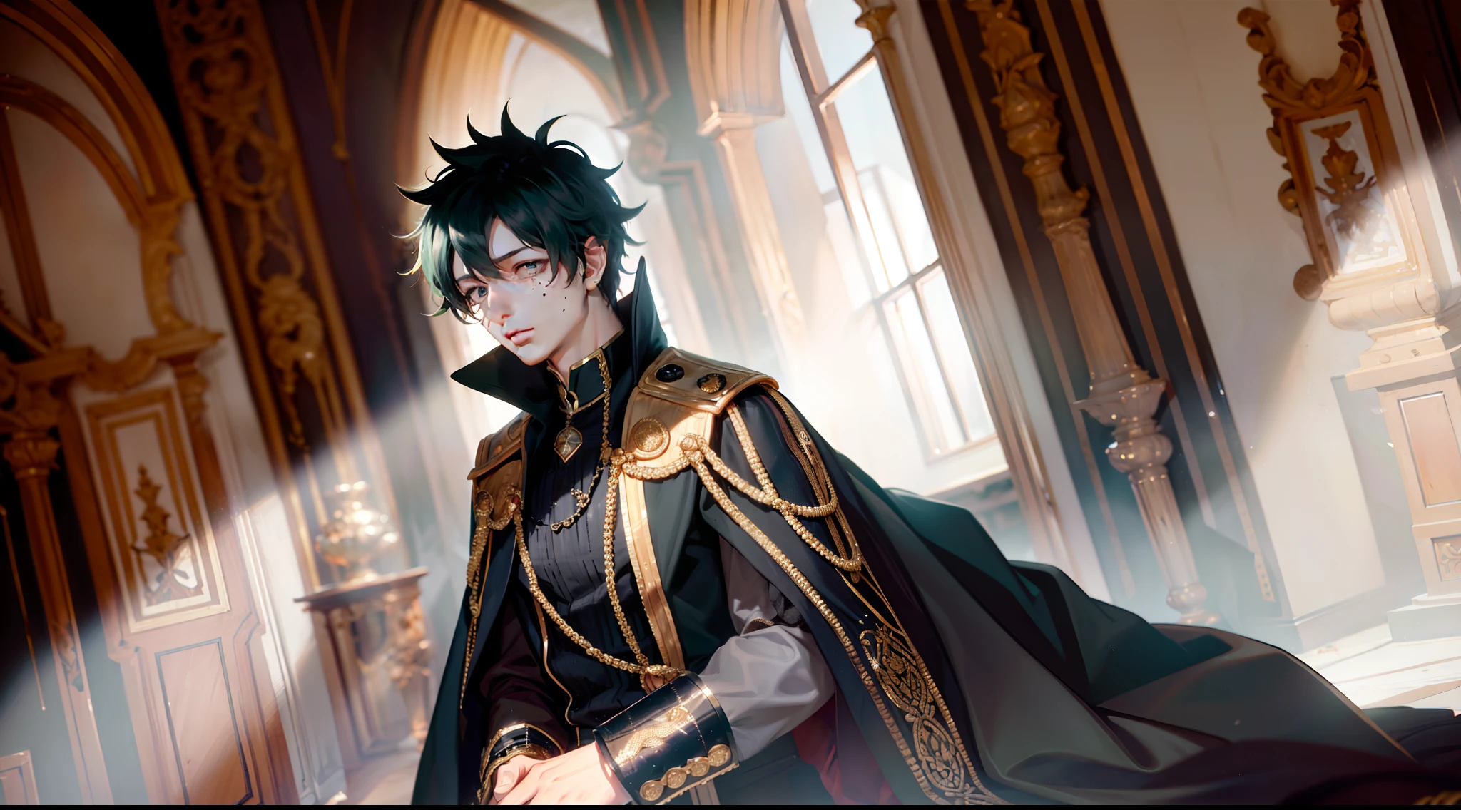 Midoriya Izuku, he is dressed in black prince clothes with gold details, his cape is black and glued to the collar of his costume, his expression is perverse, it is noted that he is in a medieval palace with neutral colors like: black, gray and white. In this palace there are large bright panes of glass, luminous landscape. His eyes are green, his hair very dark green, his waist is thin although he is a grown man, high resolution, masterpiece, focus on the landscape.