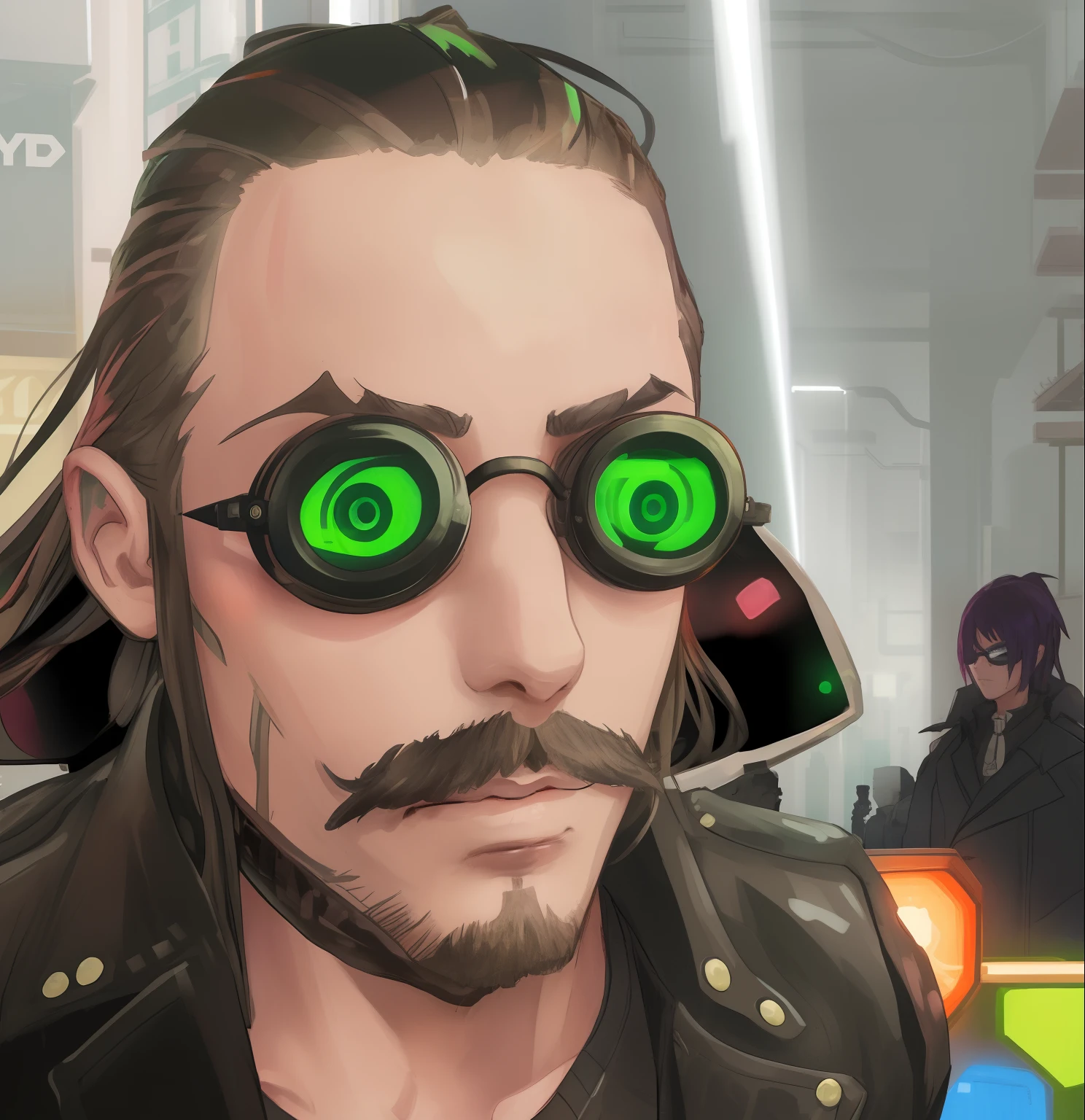 there is a man with long hair shaved on the sides and glasses with green eyes, round goggles, cyberpunk eye wear, wearing victorian dark goggles, wearing dark victorian goggles, cyberpunk sunglasses, cyber goggles, piercing glowing eyes, cyberpunk, goggle eyes, jacksepticeye, wearing victorian goggles, steampunk glasses, neon lenses, techno eyes
